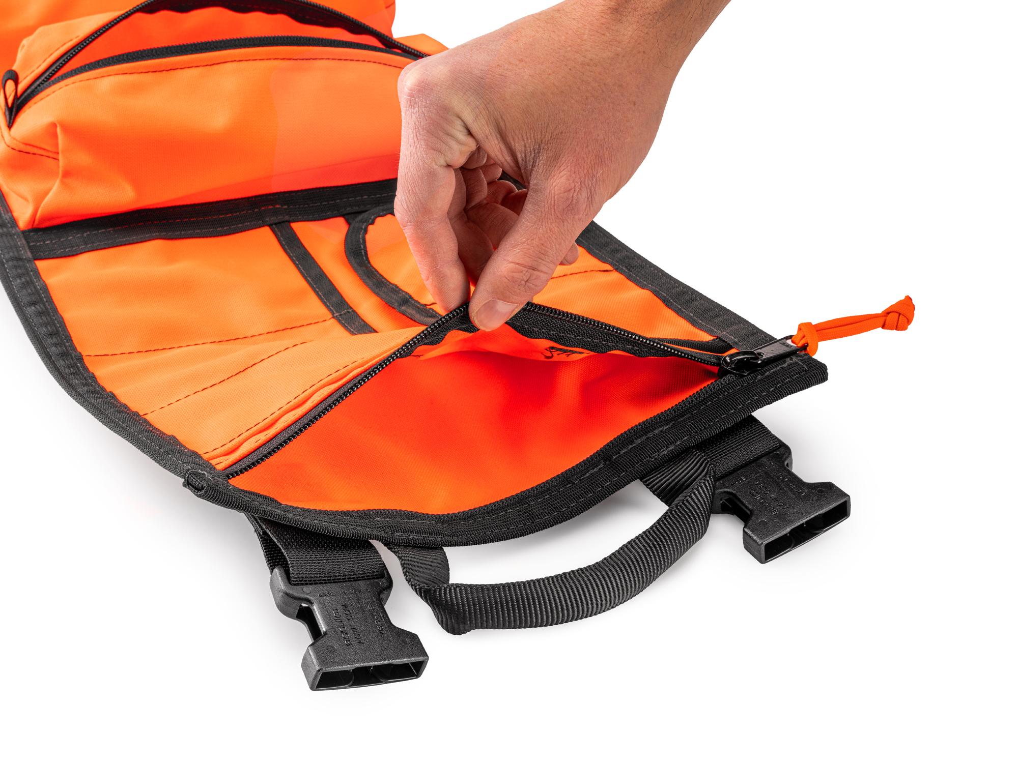 Closeup view of high-vis-orange Tekton roll tool roll. Item #OTR00003