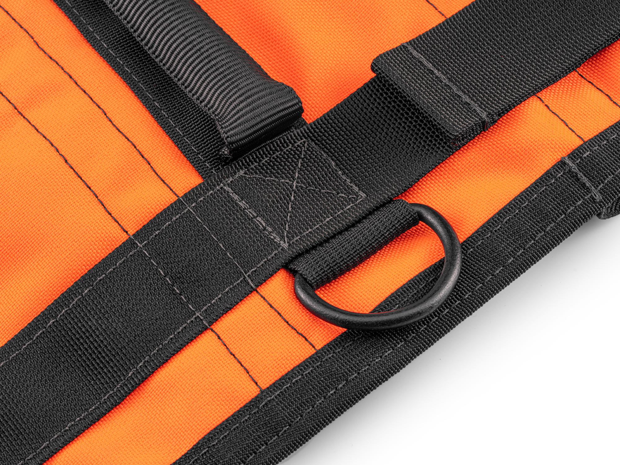 Closeup view of high-vis-orange Tekton roll tool roll. Item #OTR00003