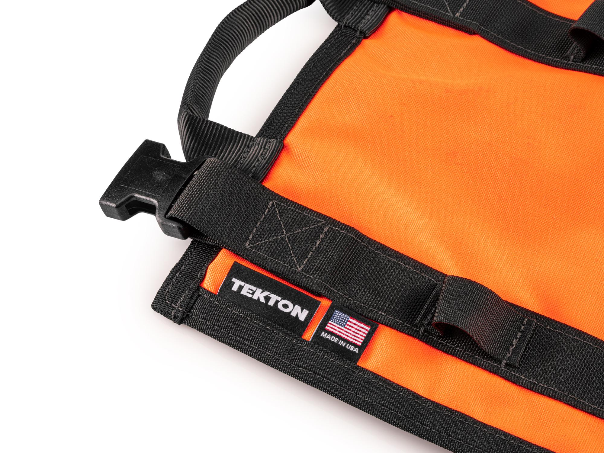 Closeup view of high-vis-orange Tekton roll tool roll. Item #OTR00003