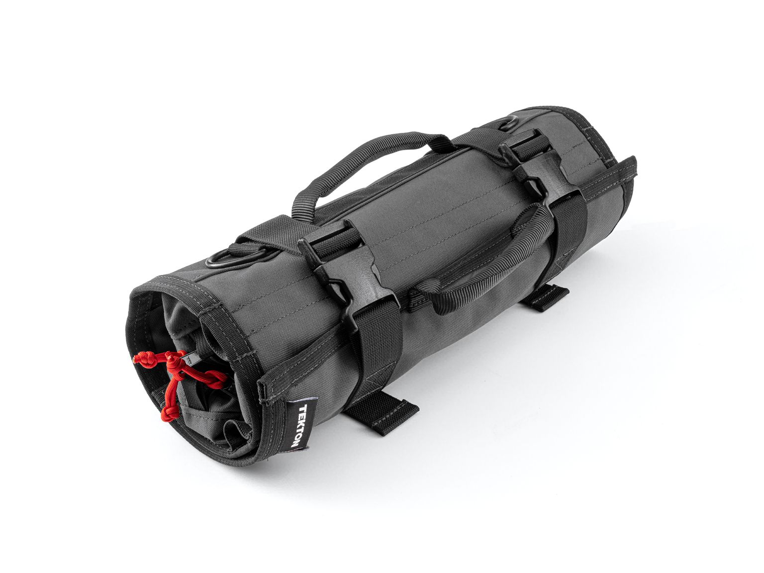 Closed top front-right angle view of tactical-gray-red Tekton tool pouch. Item #OTR00004