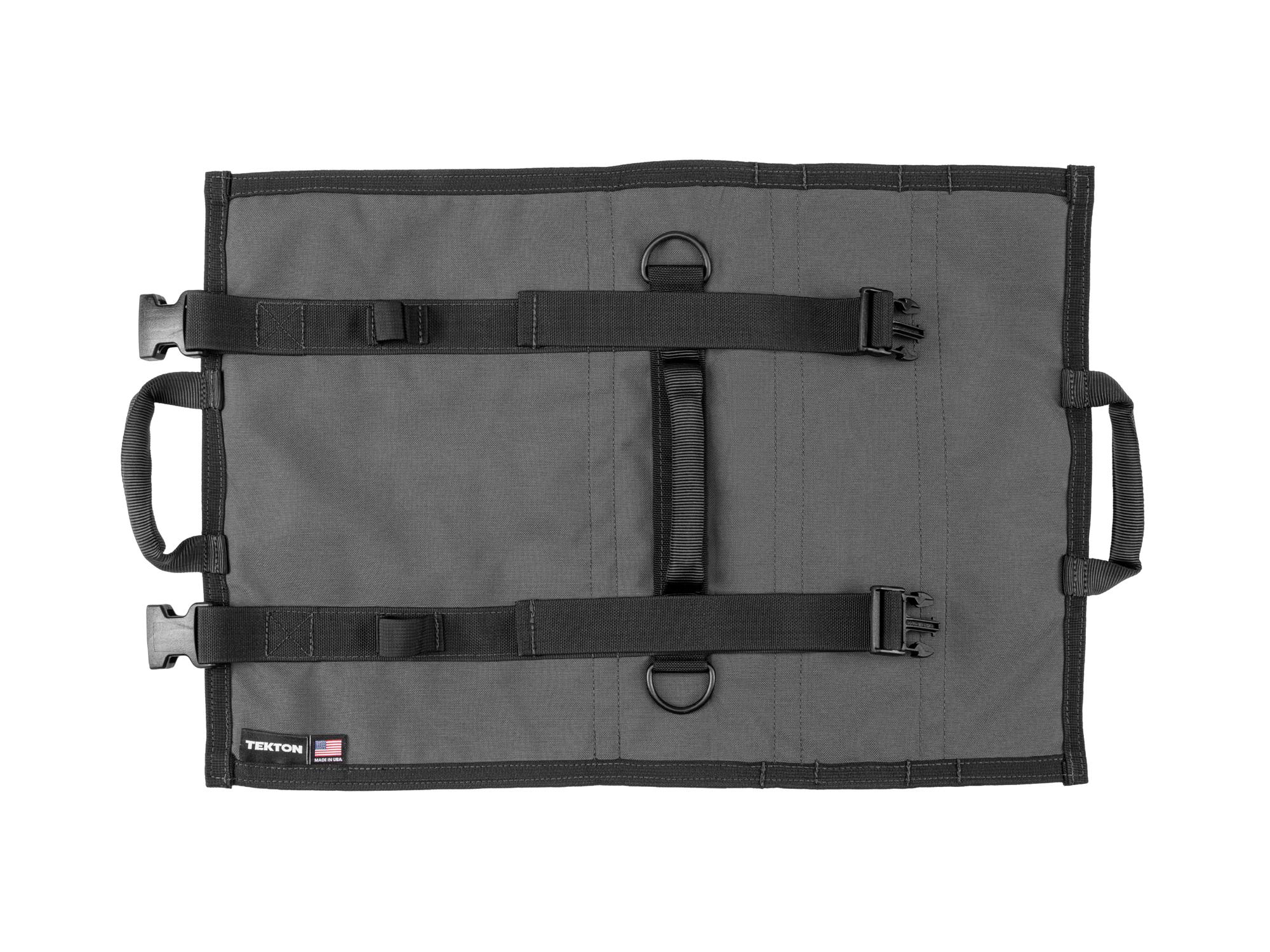 Back view of tactical-gray-red Tekton roll tool roll. Item #OTR00004