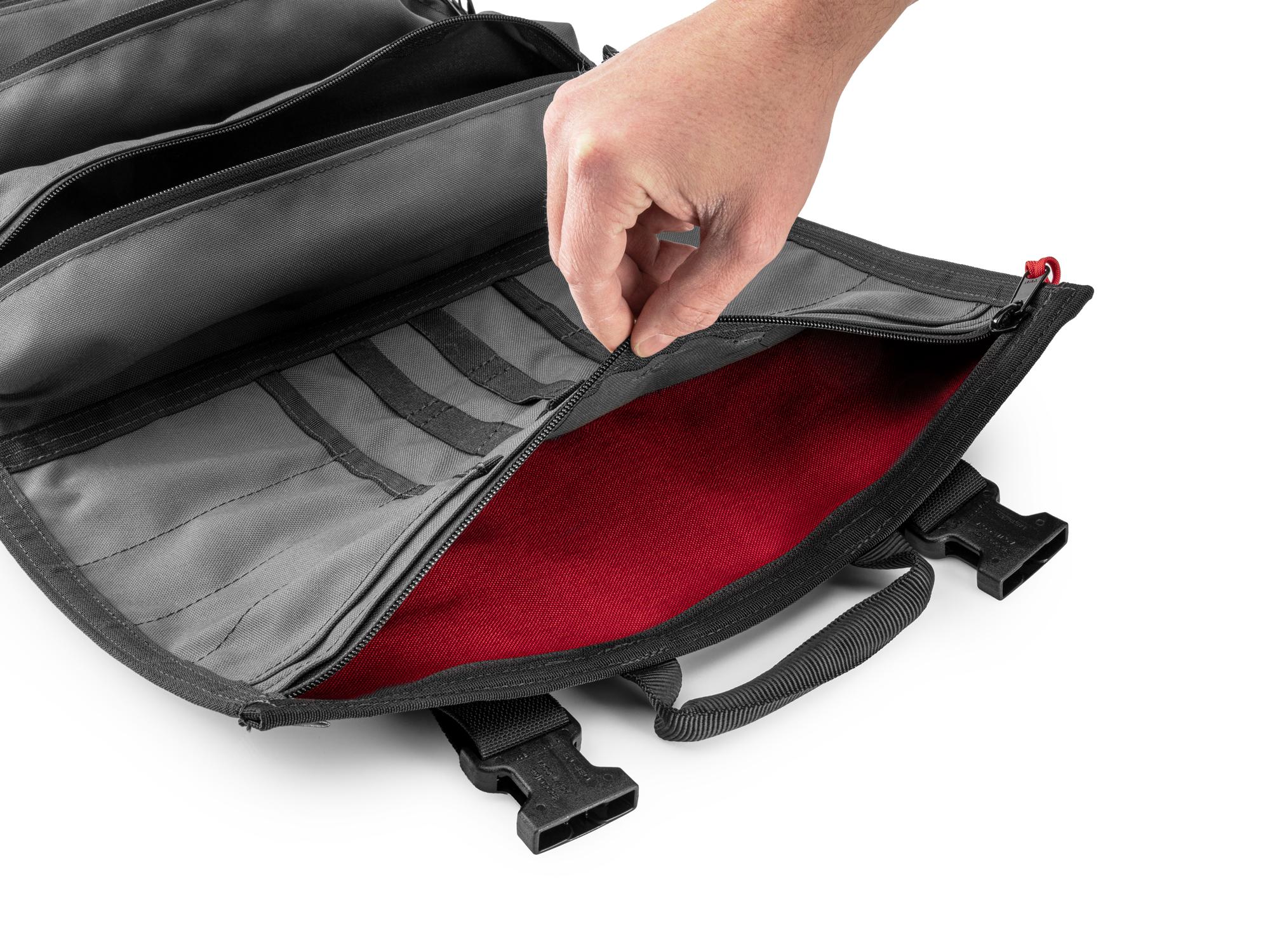 Closeup view of tactical-gray-red Tekton roll tool roll. Item #OTR00004