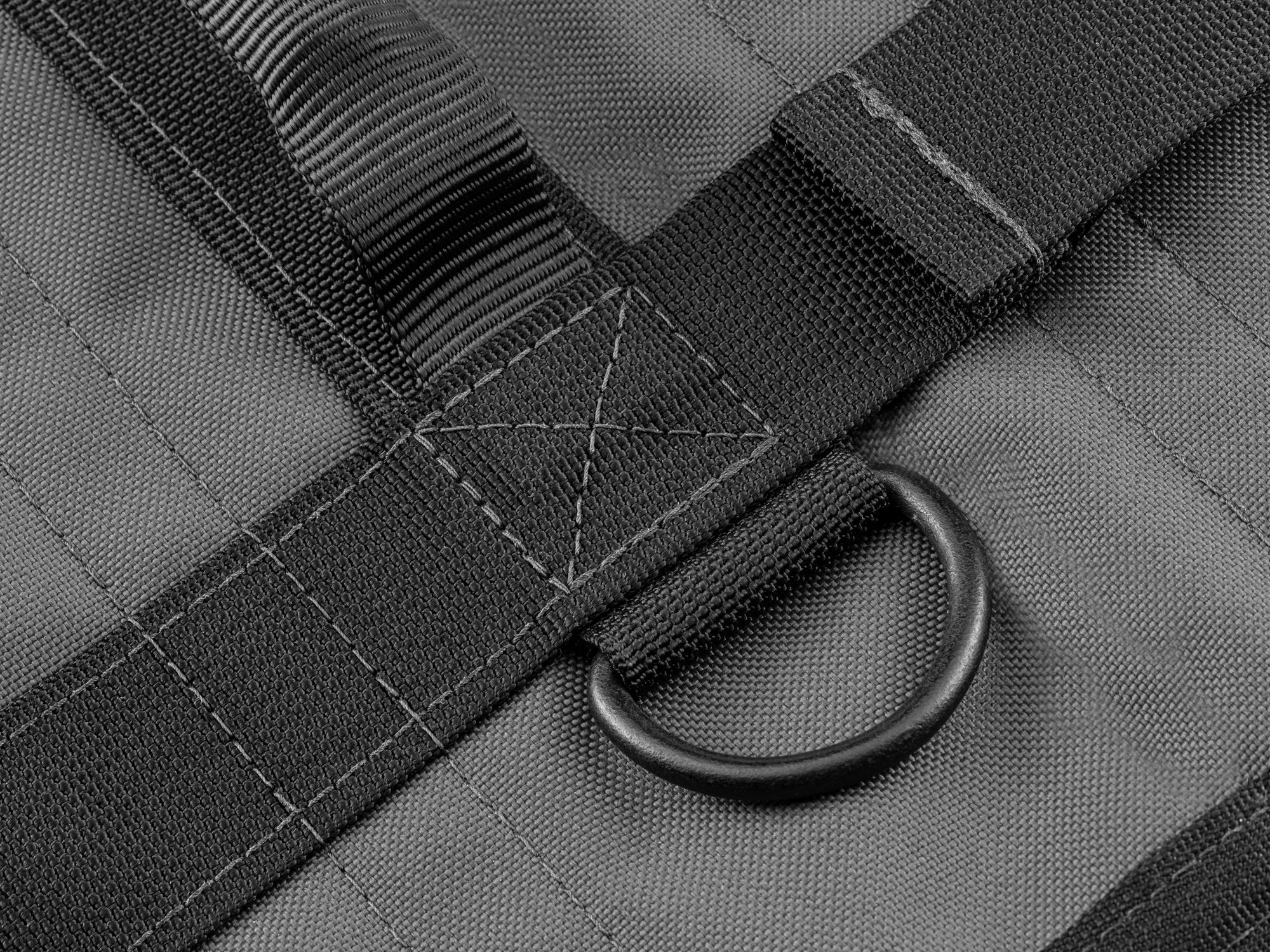 Closeup view of tactical-gray-red Tekton roll tool roll. Item #OTR00004