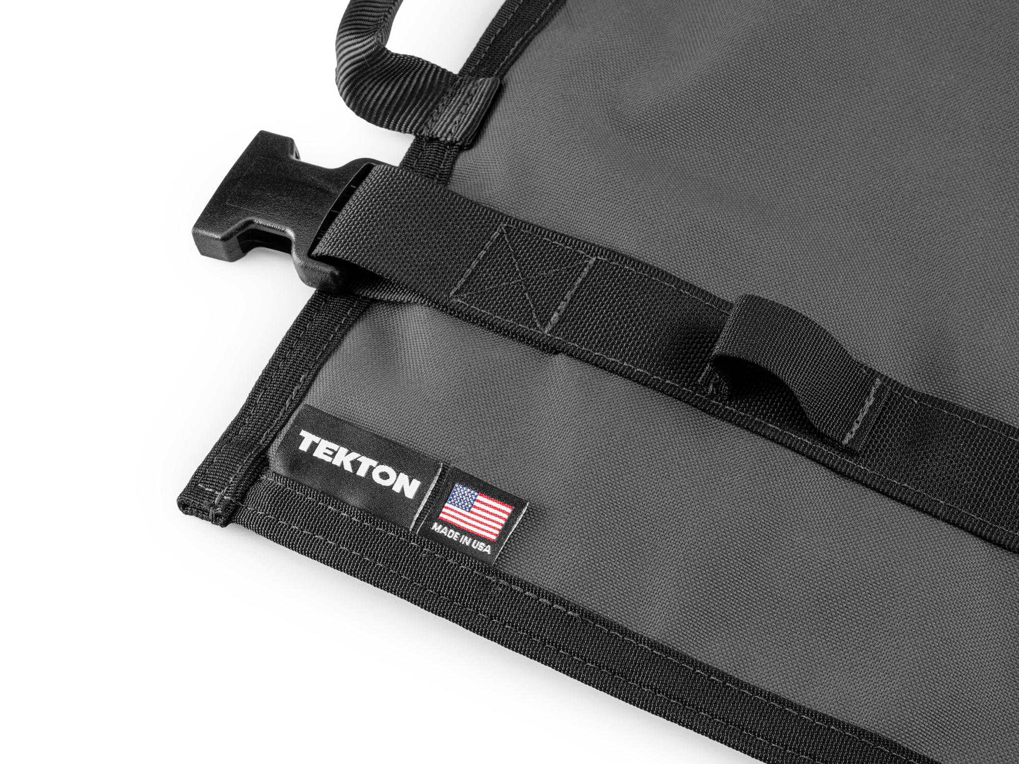Closeup view of tactical-gray-red Tekton roll tool roll. Item #OTR00004