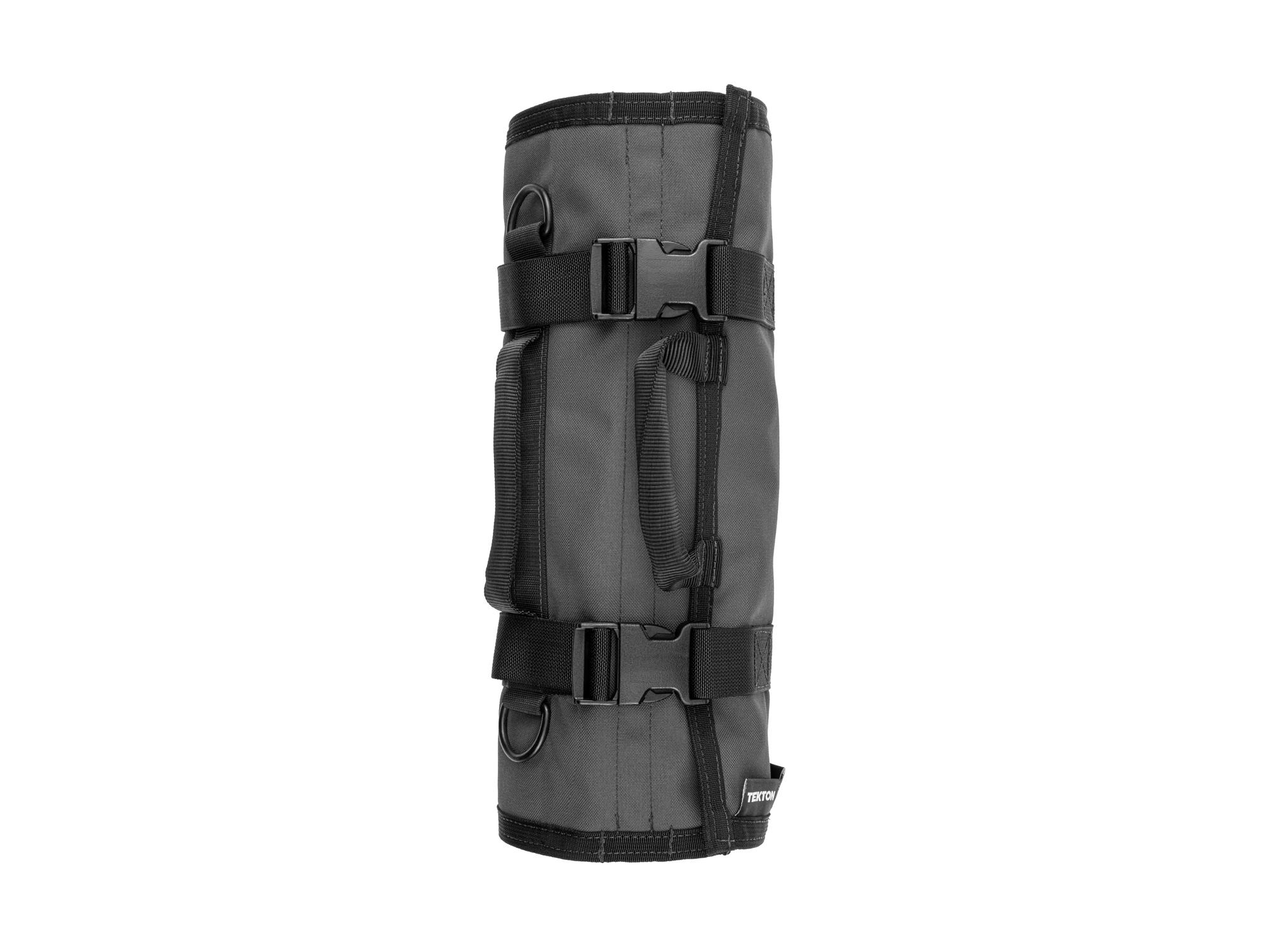 Side view of tactical-gray-red Tekton roll tool roll. Item #OTR00004