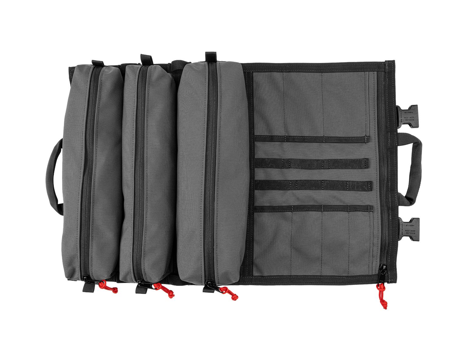 Top view of tactical-gray-red Tekton tool pouch. Item #OTR00004