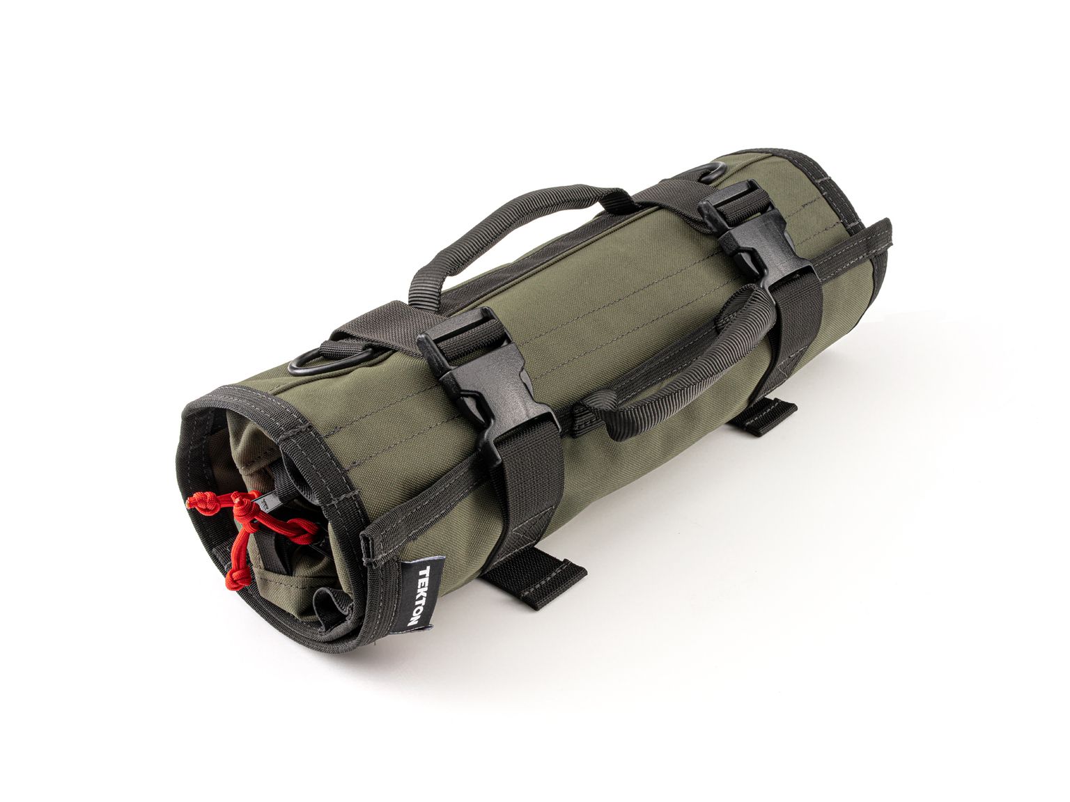 Closed top front-right angle view of ranger-green-red Tekton tool roll. Item #OTR00005