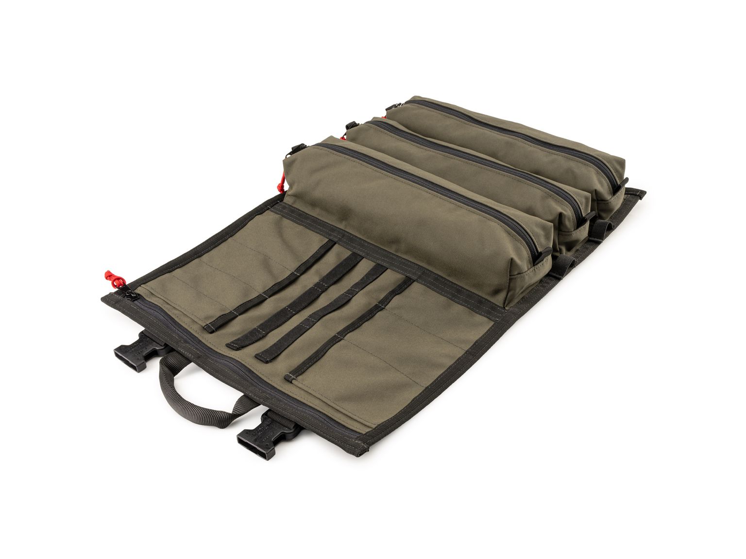 Front-right angle view of ranger-green-red Tekton tool pouch. Item #OTR00005