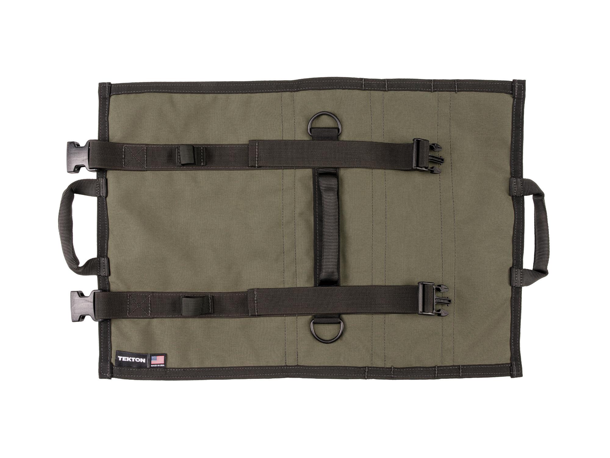 Back view of ranger-green-red Tekton roll tool roll. Item #OTR00005
