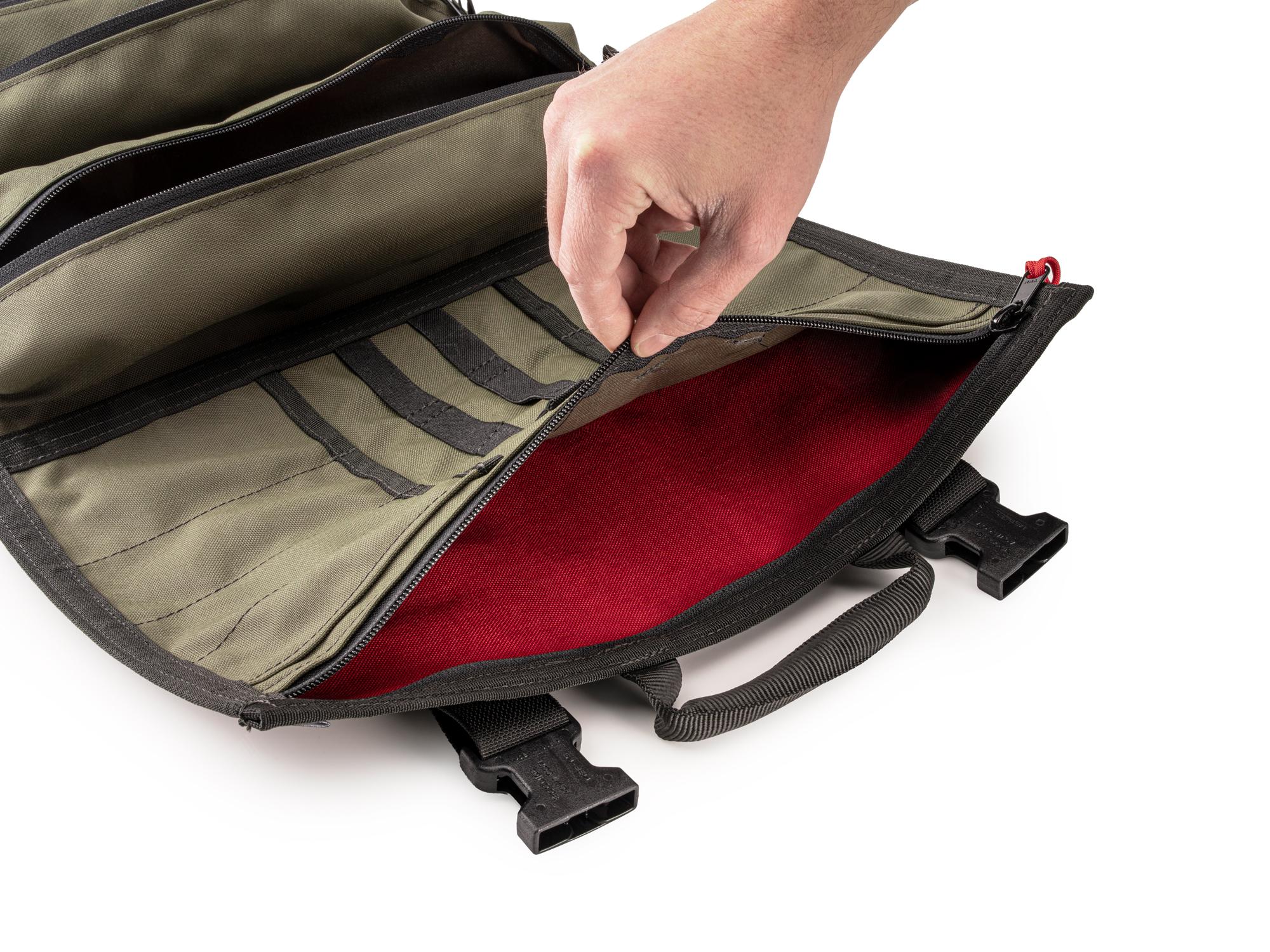 Closeup view of ranger-green-red Tekton roll tool roll. Item #OTR00005