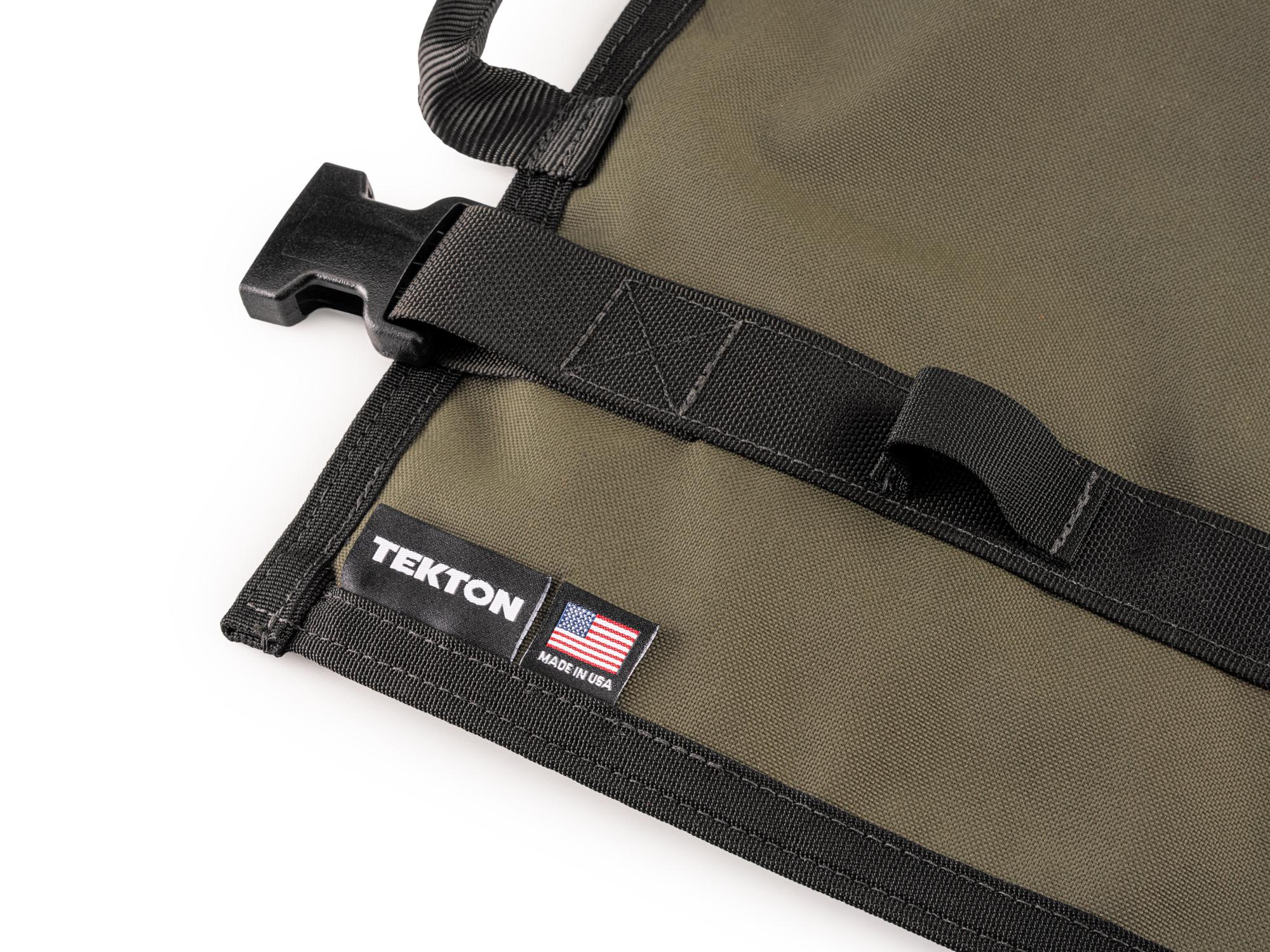Closeup view of ranger-green-red Tekton roll tool roll. Item #OTR00005