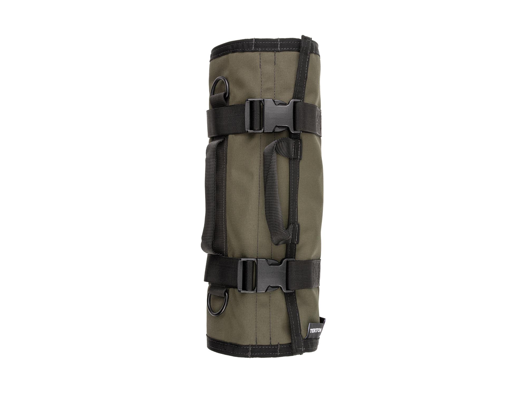 Side view of ranger-green-red Tekton roll tool roll. Item #OTR00005