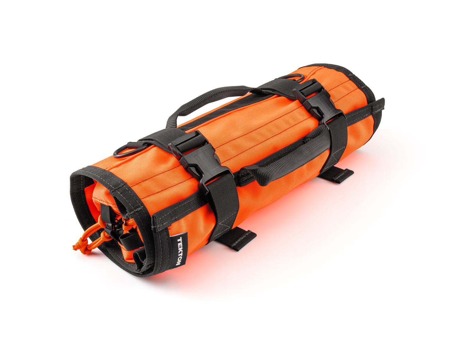 Closed top front-right angle view of high-vis-orange Tekton tool roll. Item #OTR00006