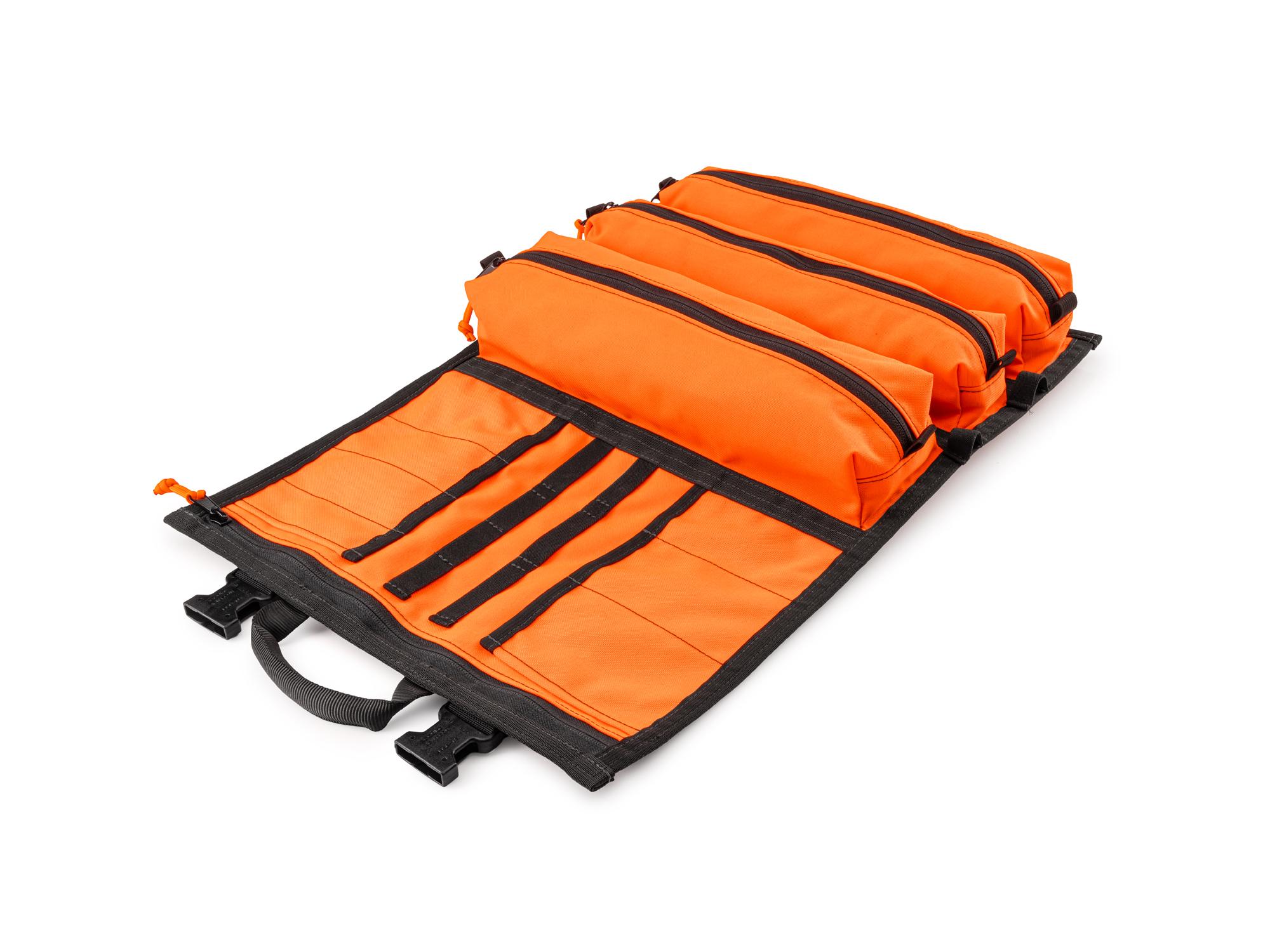 Front-right angle view of high-vis-orange Tekton roll tool roll. Item #OTR00006