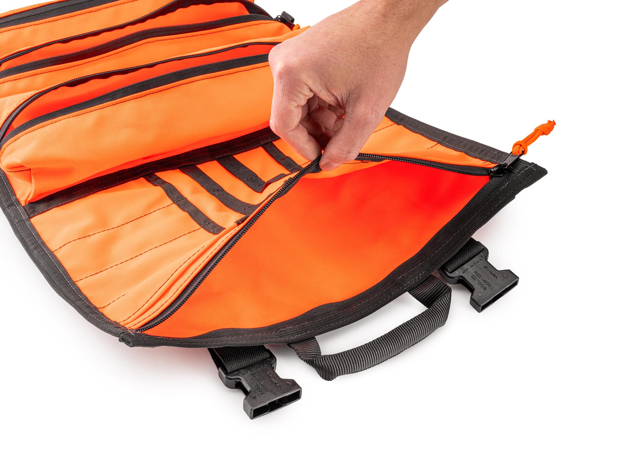 Closeup view of high-vis-orange Tekton roll tool roll. Item #OTR00006