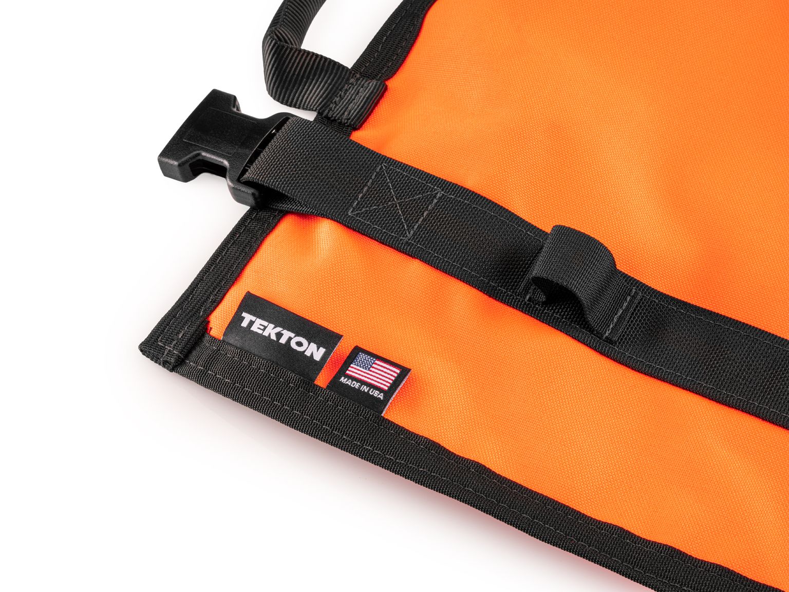 Closeup view of high-vis-orange Tekton tool roll. Item #OTR00006