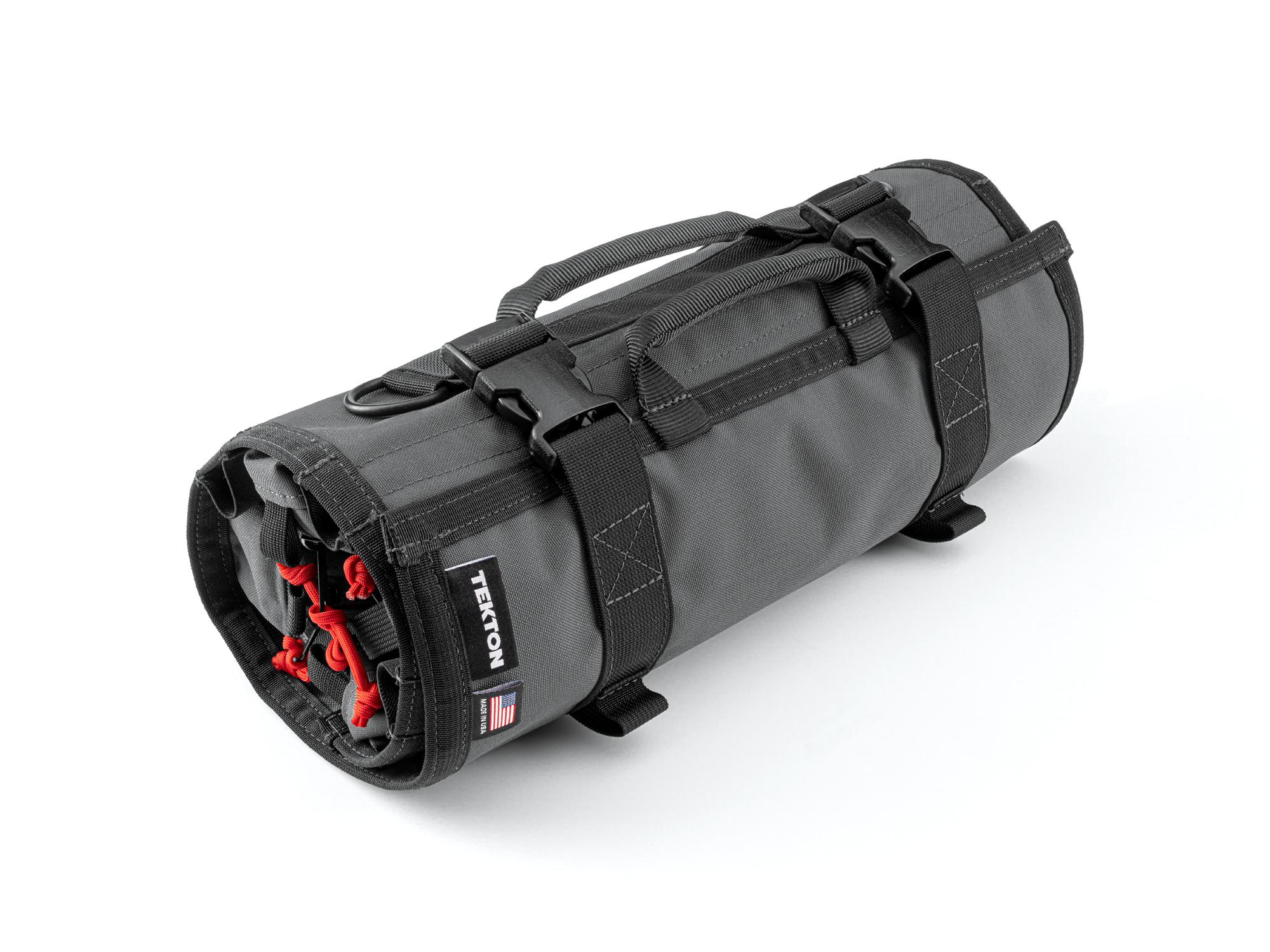 Closed top front-right angle view of tactical-gray-red Tekton roll tool roll. Item #OTR00007