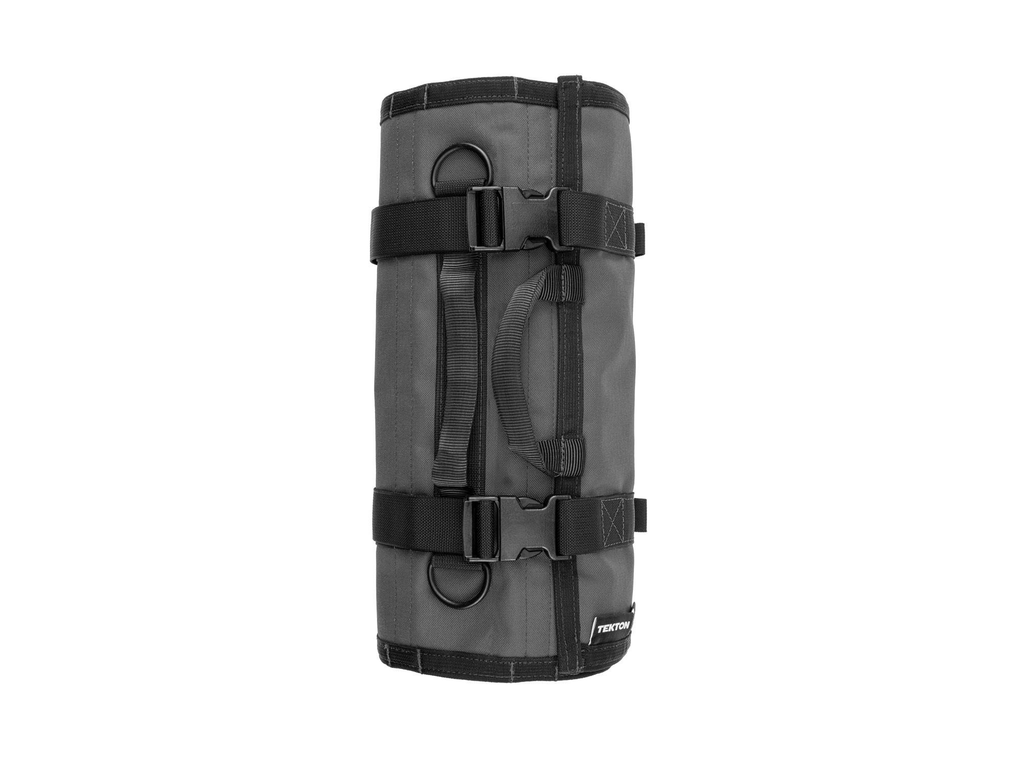 Side view of tactical-gray-red Tekton roll tool roll. Item #OTR00007