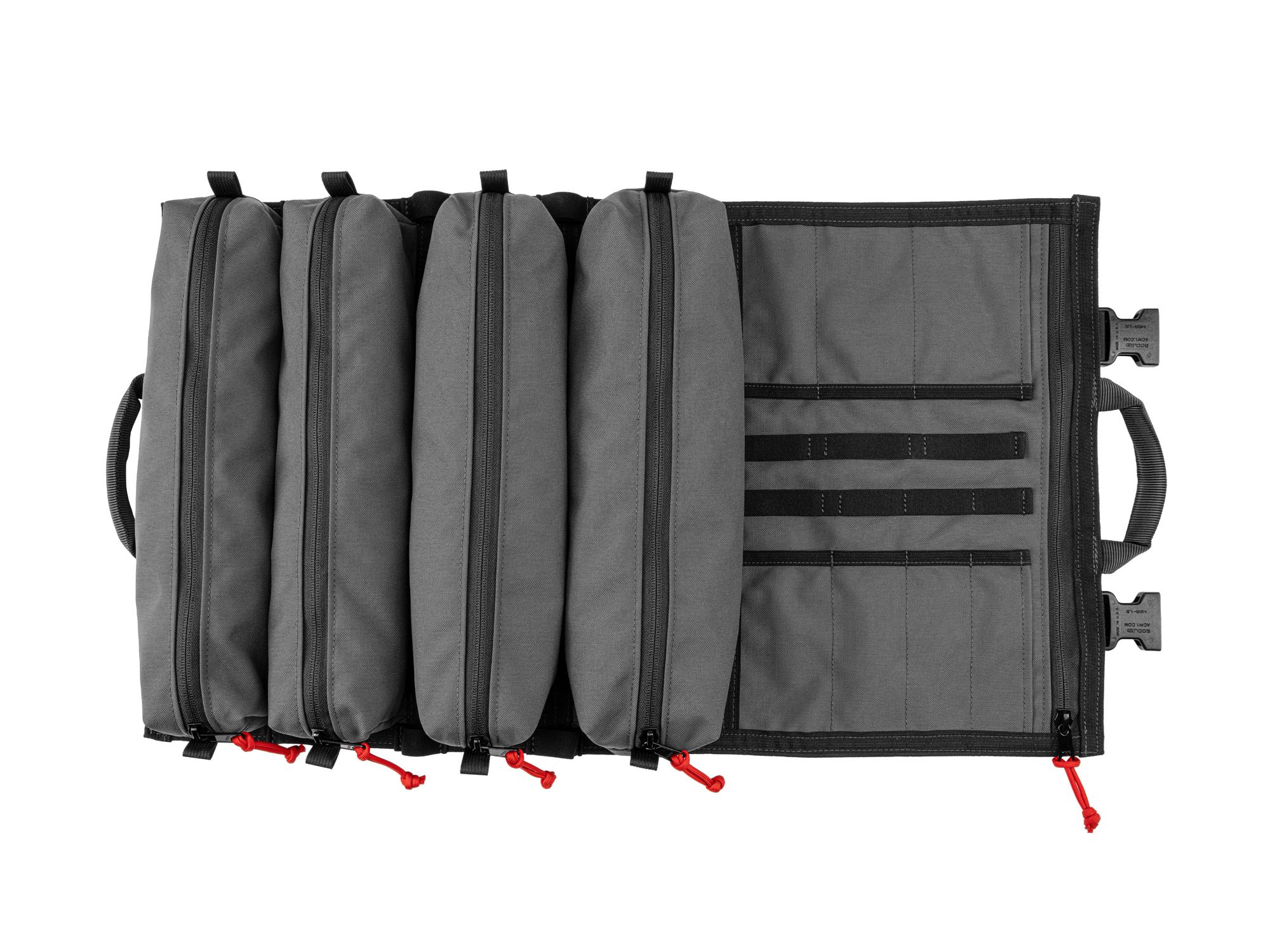 Top view of tactical-gray-red Tekton roll tool roll. Item #OTR00007