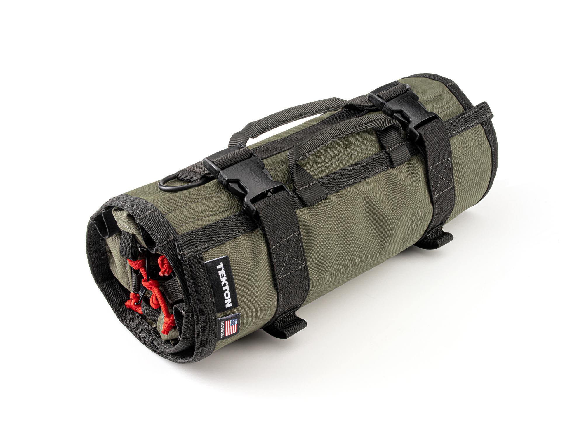 Closed top front-right angle view of ranger-green-red Tekton roll tool roll. Item #OTR00008