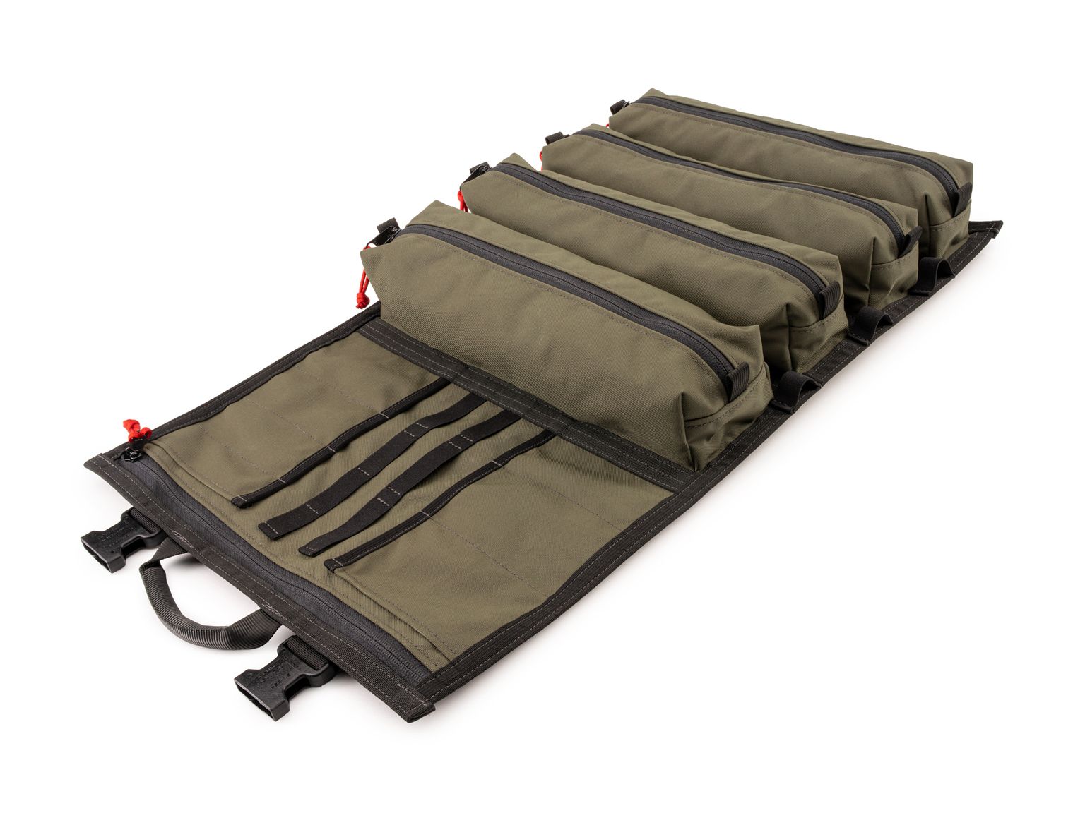 Front-right angle view of ranger-green-red Tekton tool pouch. Item #OTR00008