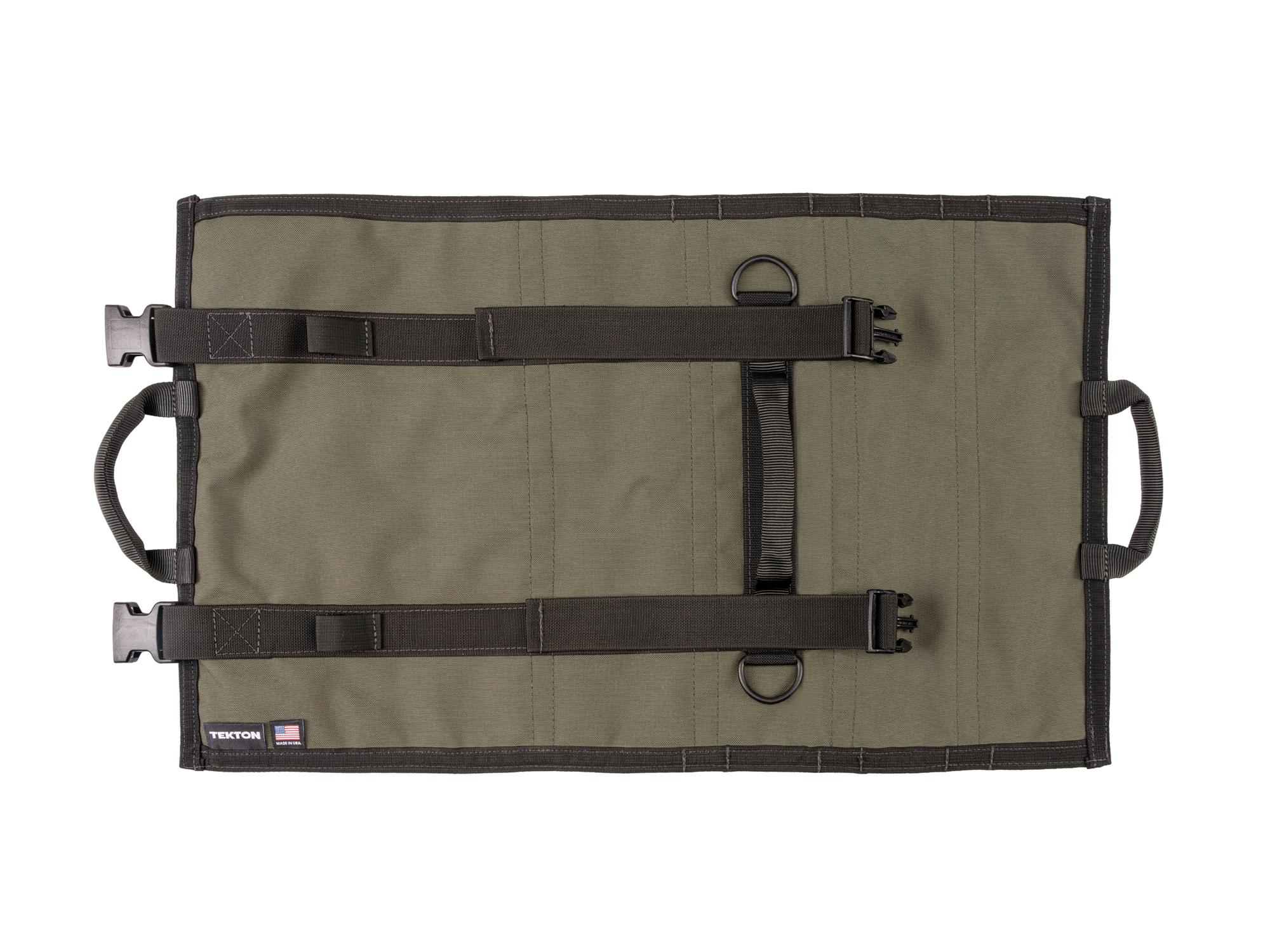 Back view of ranger-green-red Tekton roll tool roll. Item #OTR00008