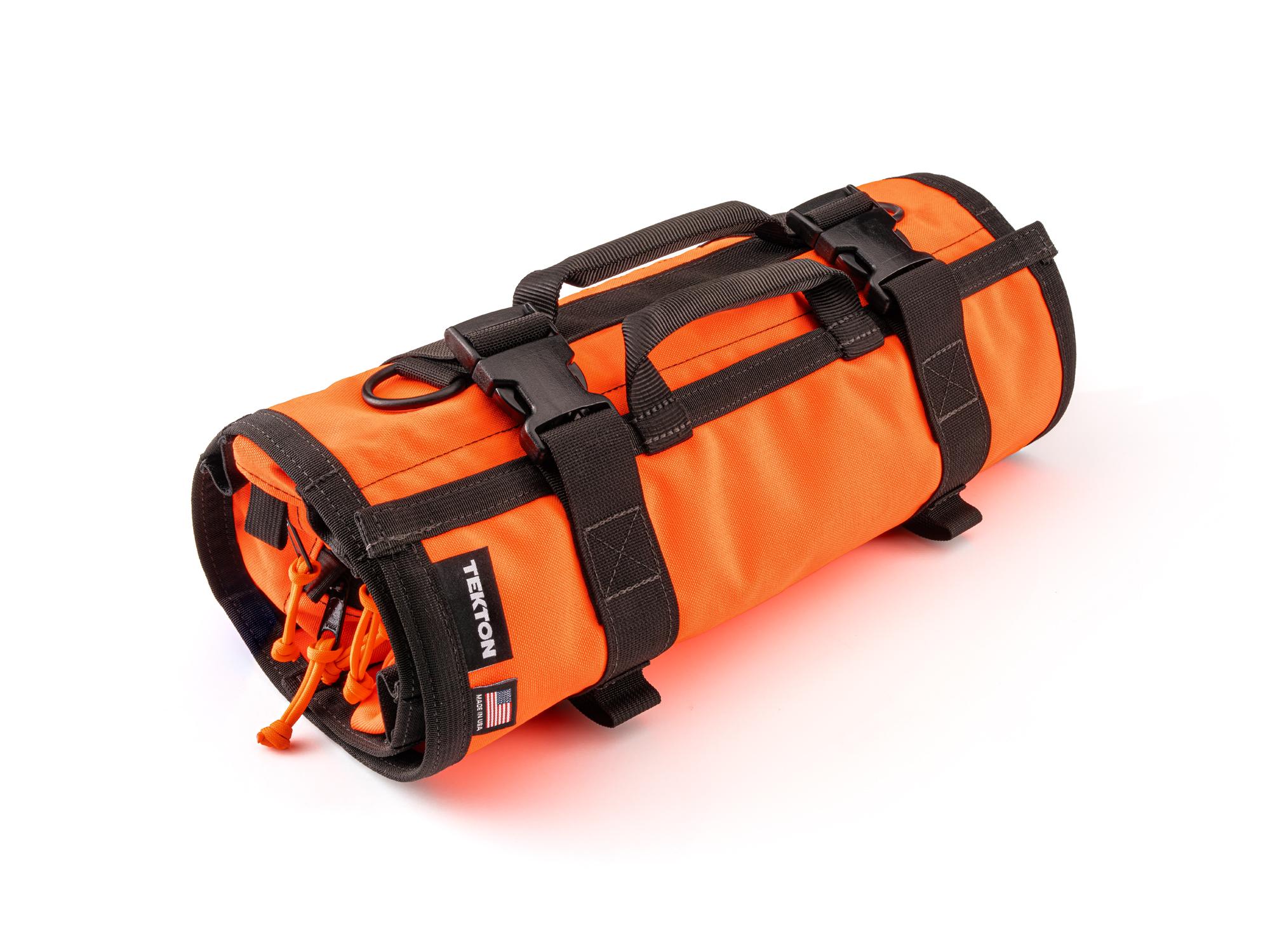 Closed top front-right angle view of high-vis-orange Tekton roll tool roll. Item #OTR00009