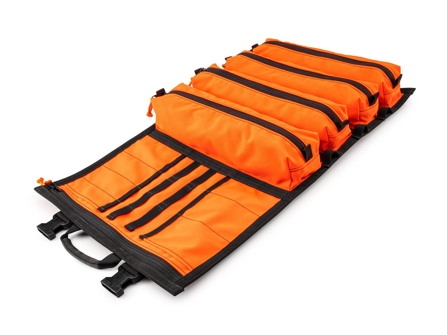 Front-right angle view of high-vis-orange Tekton tool pouch. Item #OTR00009