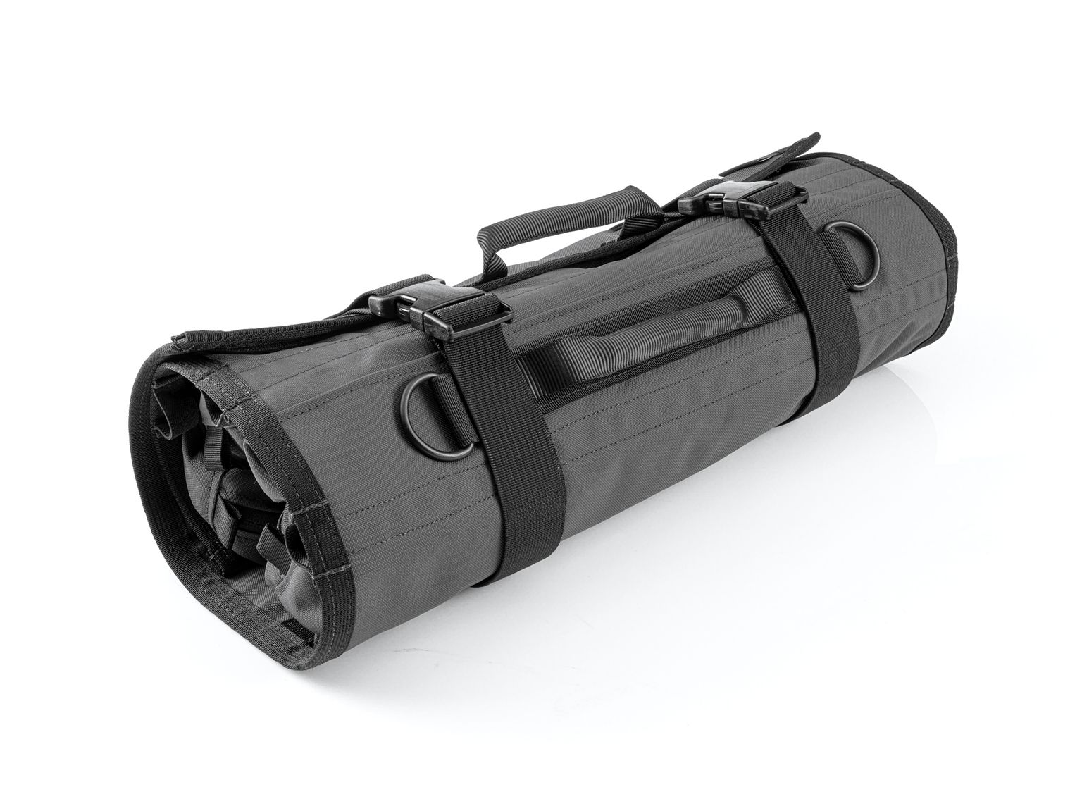 Closed top front-right angle view of tactical-gray-red Tekton tool pouch. Item #OTR00010