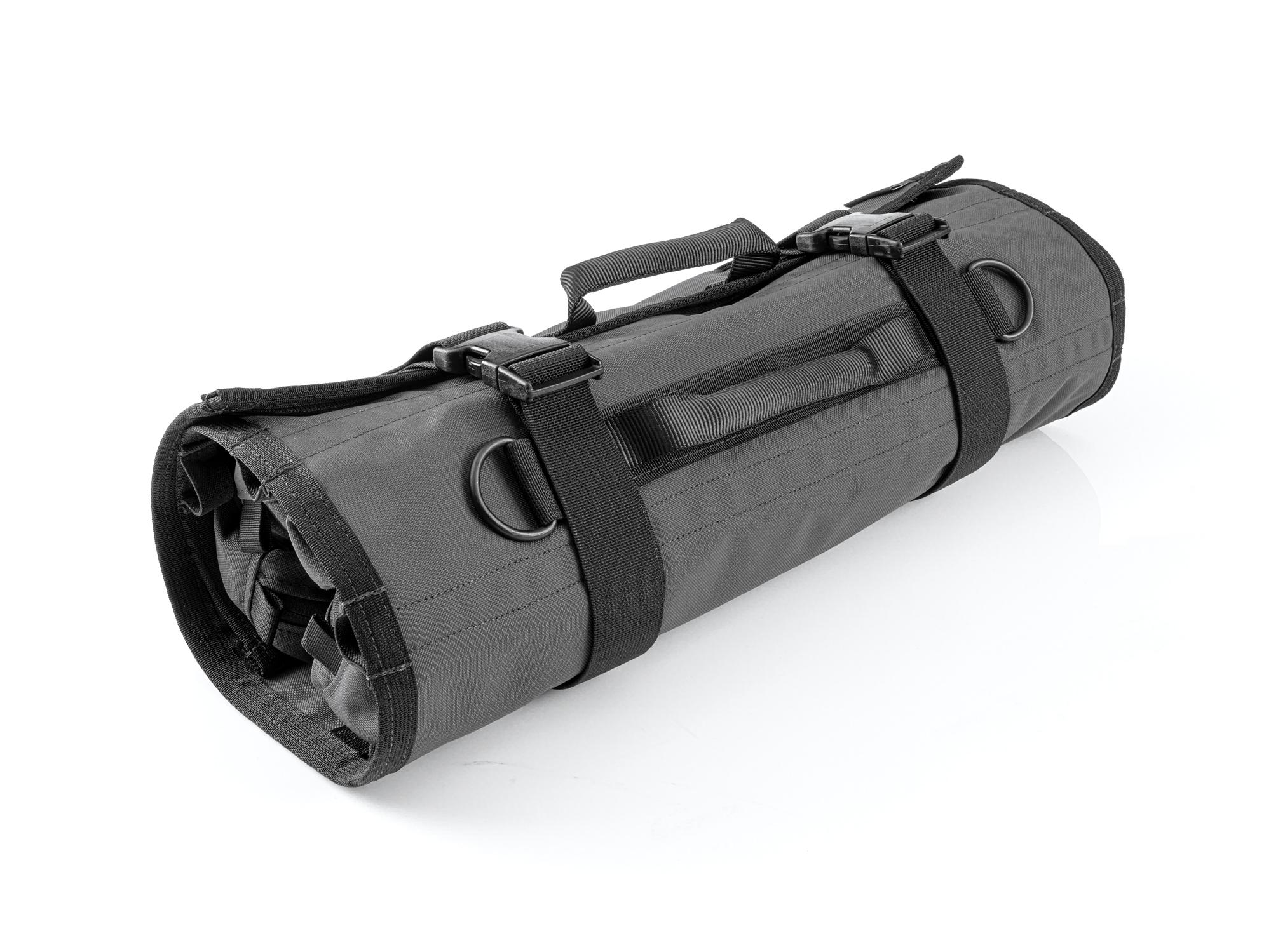 Closed top front-right angle view of tactical-gray-red Tekton roll tool roll. Item #OTR00010