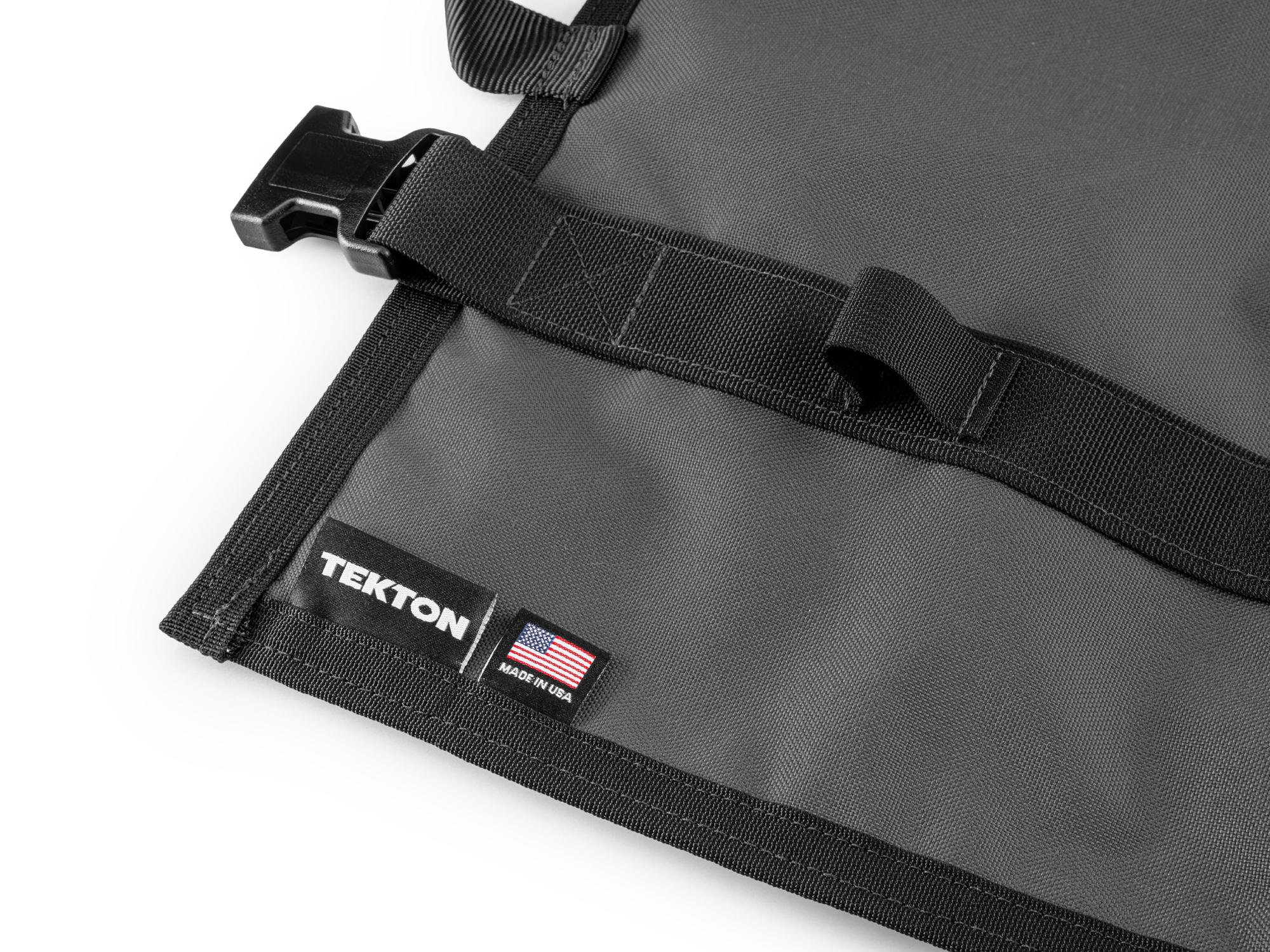 Closeup view of tactical-gray-red Tekton roll tool roll. Item #OTR00010