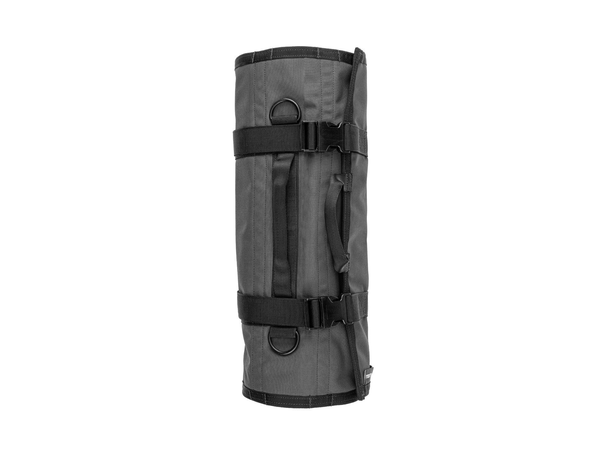 Side view of tactical-gray-red Tekton roll tool roll. Item #OTR00010