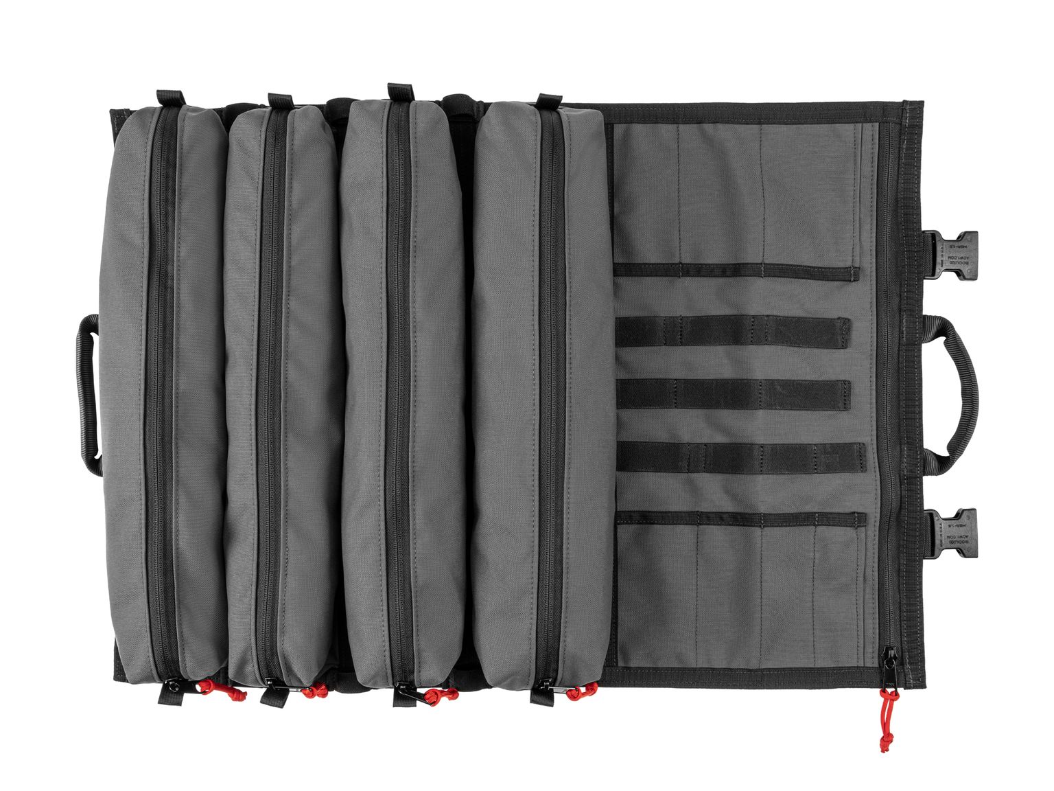 Top view of tactical-gray-red Tekton tool pouch. Item #OTR00010