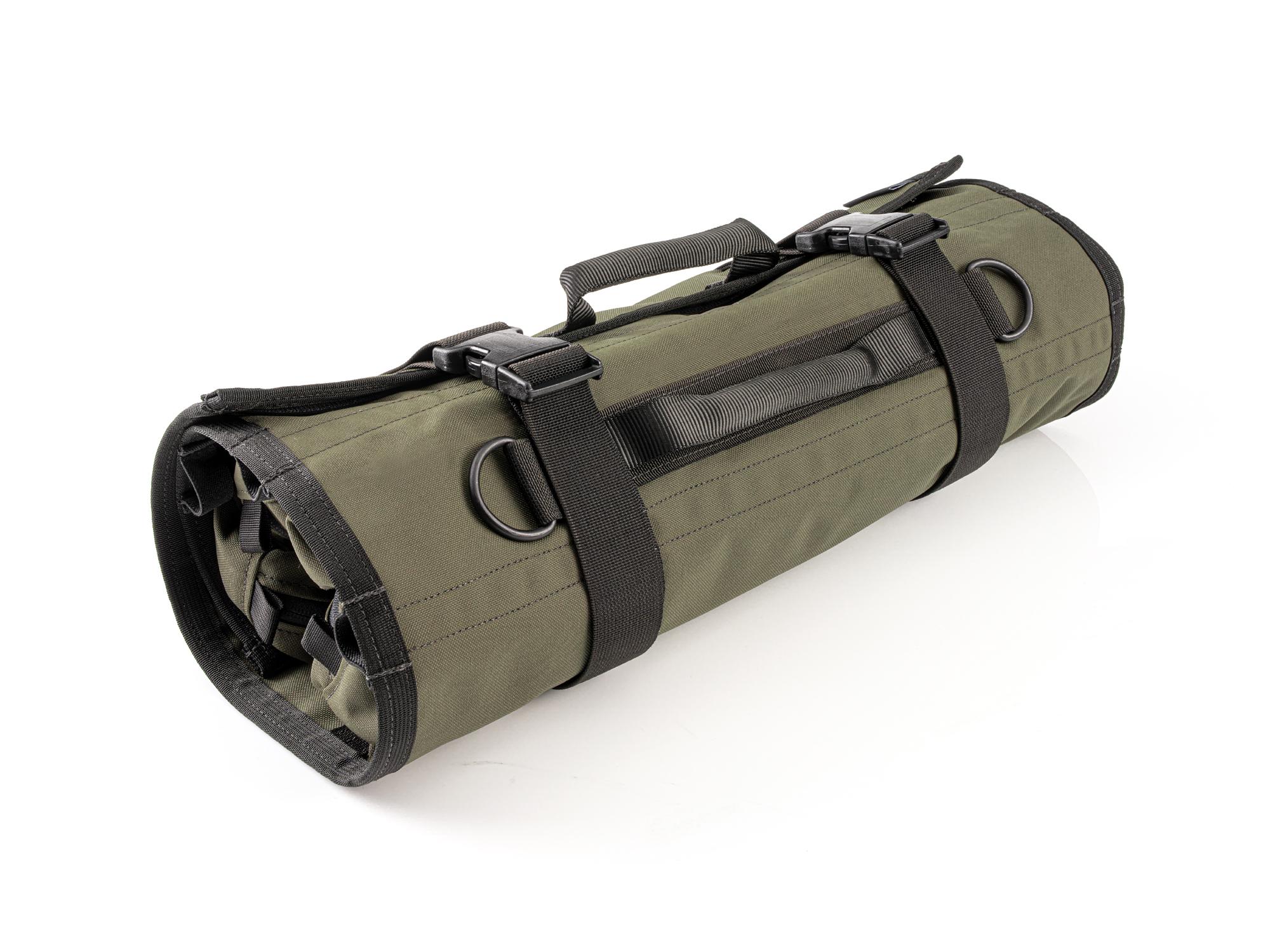 Closed top front-right angle view of ranger-green-red Tekton roll tool roll. Item #OTR00011