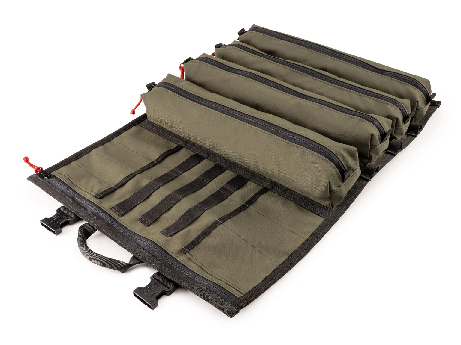 Front-right angle view of ranger-green-red Tekton tool pouch. Item #OTR00011