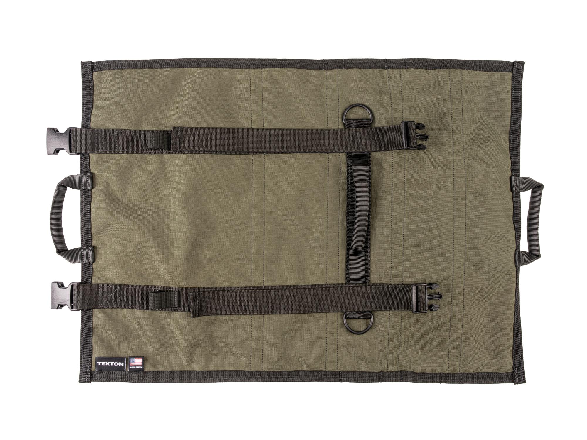 Back view of ranger-green-red Tekton roll tool roll. Item #OTR00011