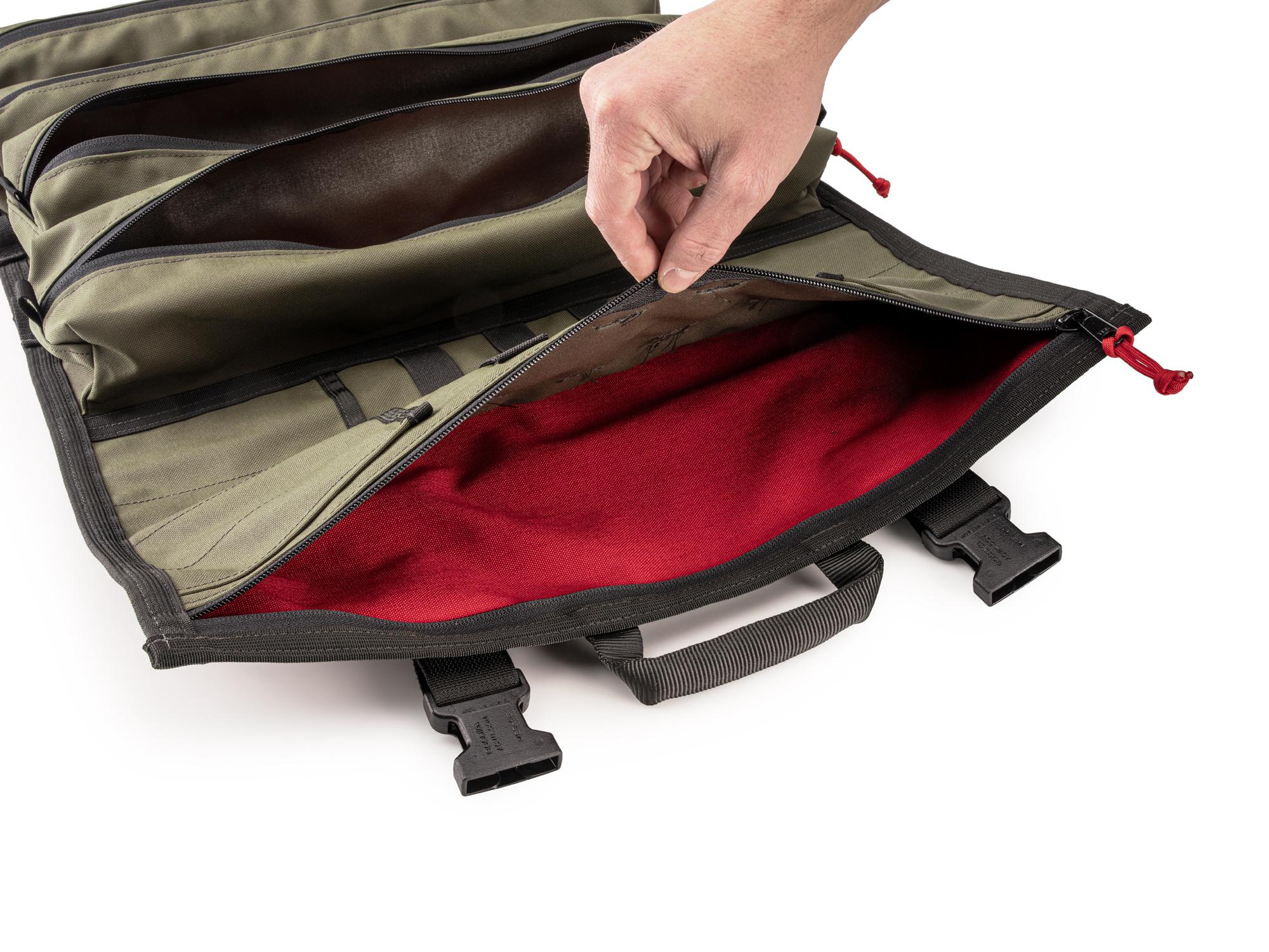 Closeup view of ranger-green-red Tekton roll tool roll. Item #OTR00011
