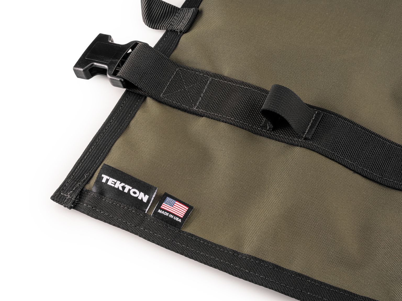 Closeup view of ranger-green-red Tekton tool roll. Item #OTR00011