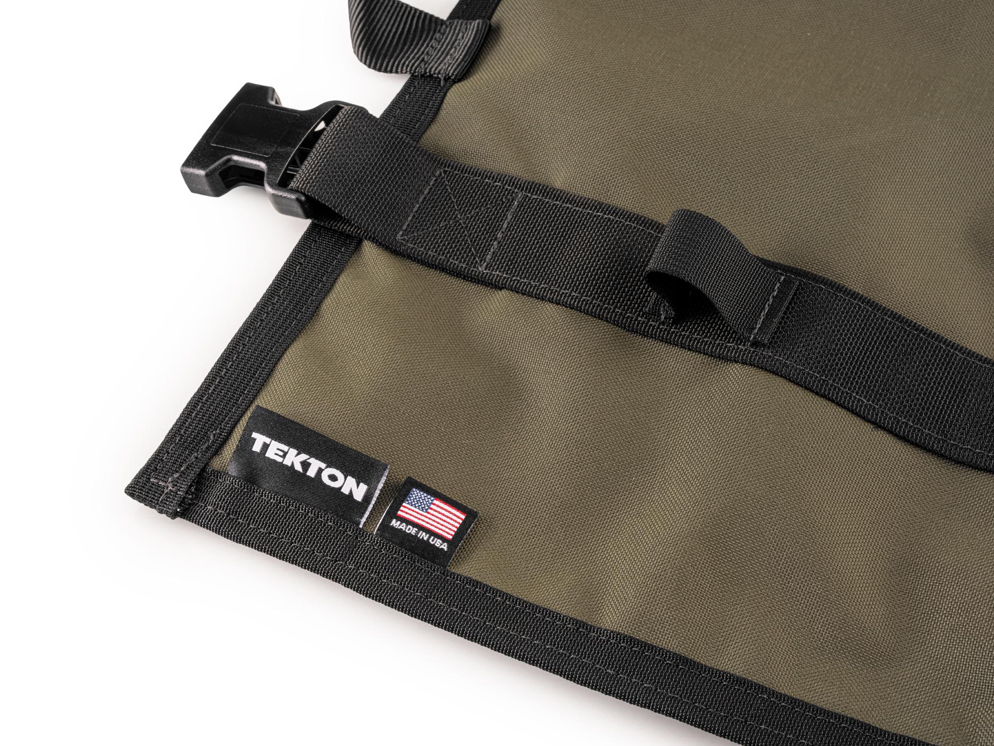 Closeup view of ranger-green-red Tekton roll tool roll. Item #OTR00011