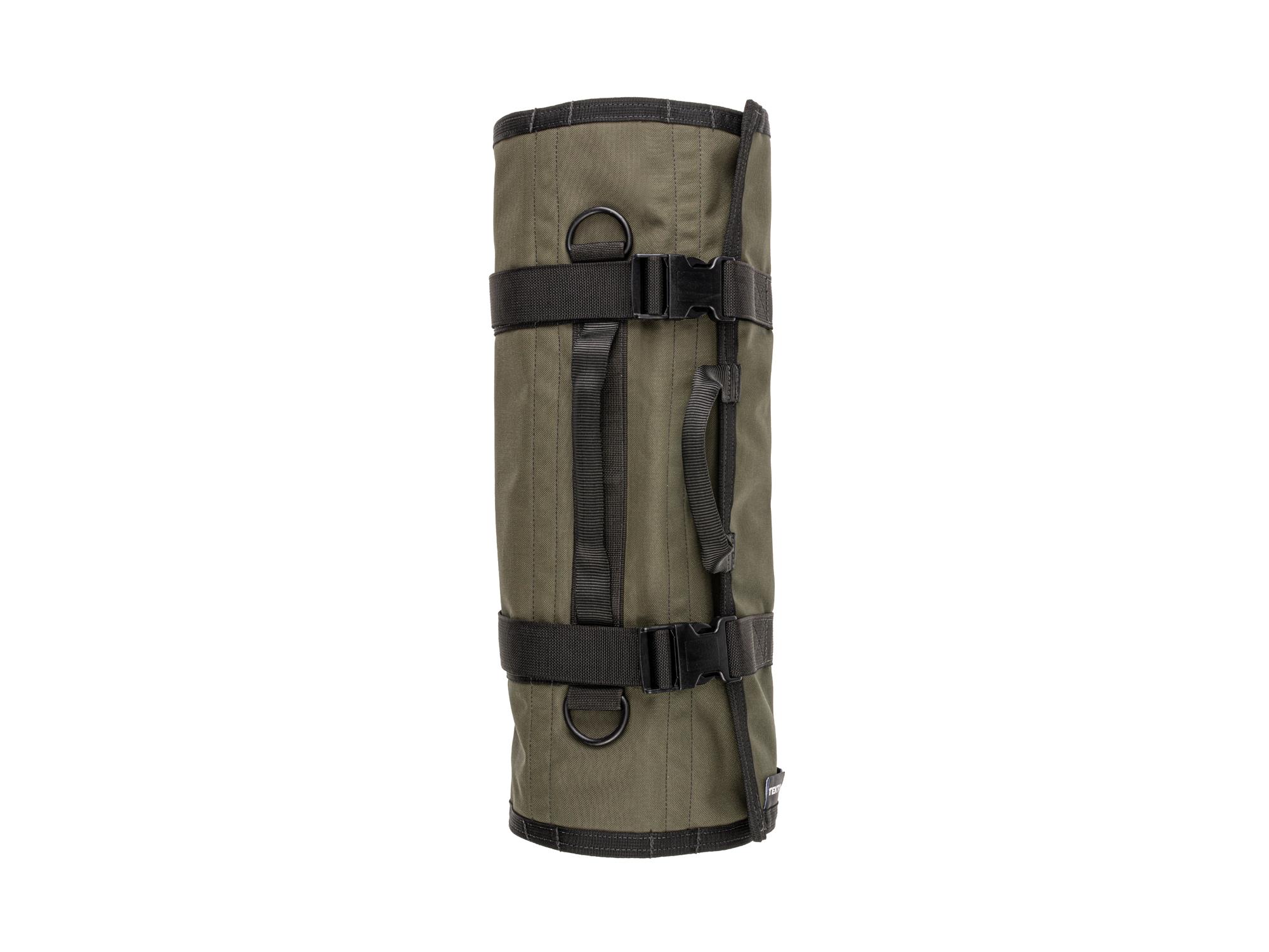Side view of ranger-green-red Tekton roll tool roll. Item #OTR00011
