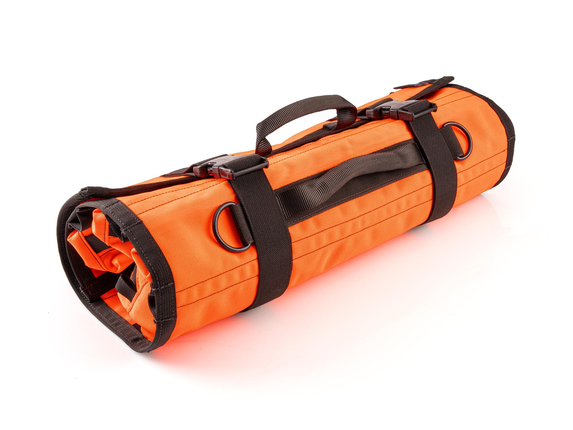 Closed top front-right angle view of high-vis-orange Tekton roll tool roll. Item #OTR00012