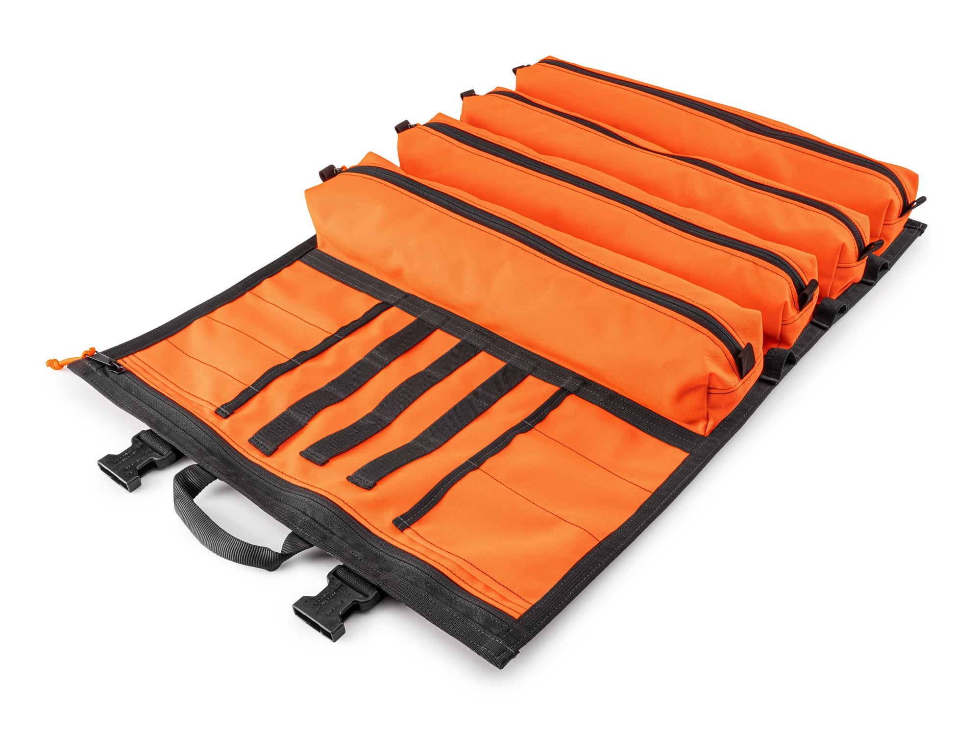 Front-right angle view of high-vis-orange Tekton roll tool roll. Item #OTR00012