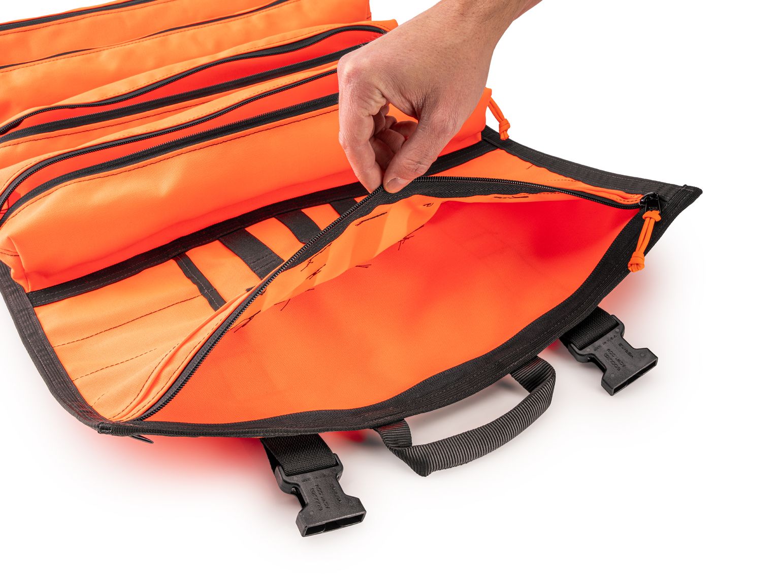 Closeup view of high-vis-orange Tekton tool roll. Item #OTR00012