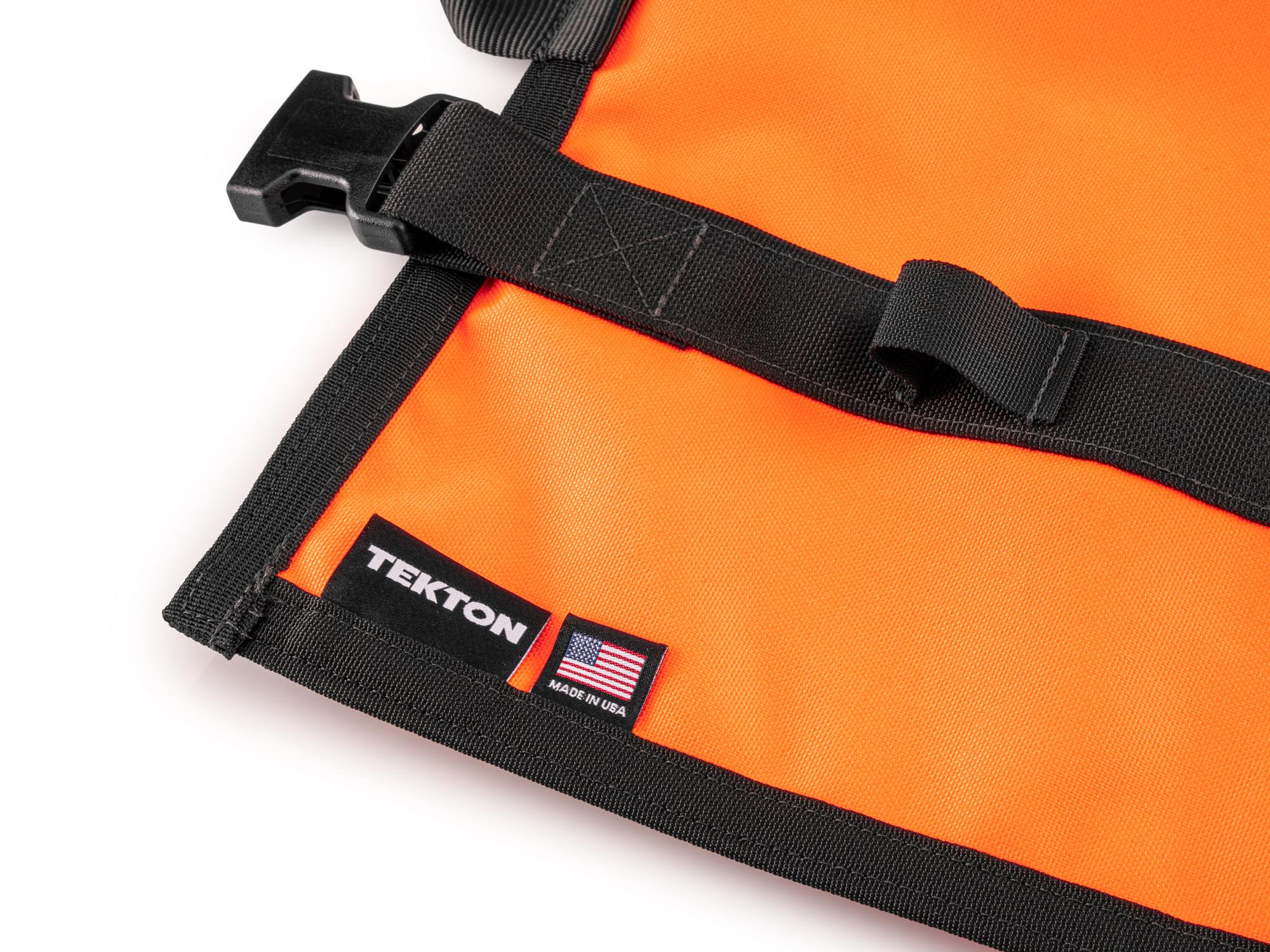 Closeup view of high-vis-orange Tekton roll tool roll. Item #OTR00012