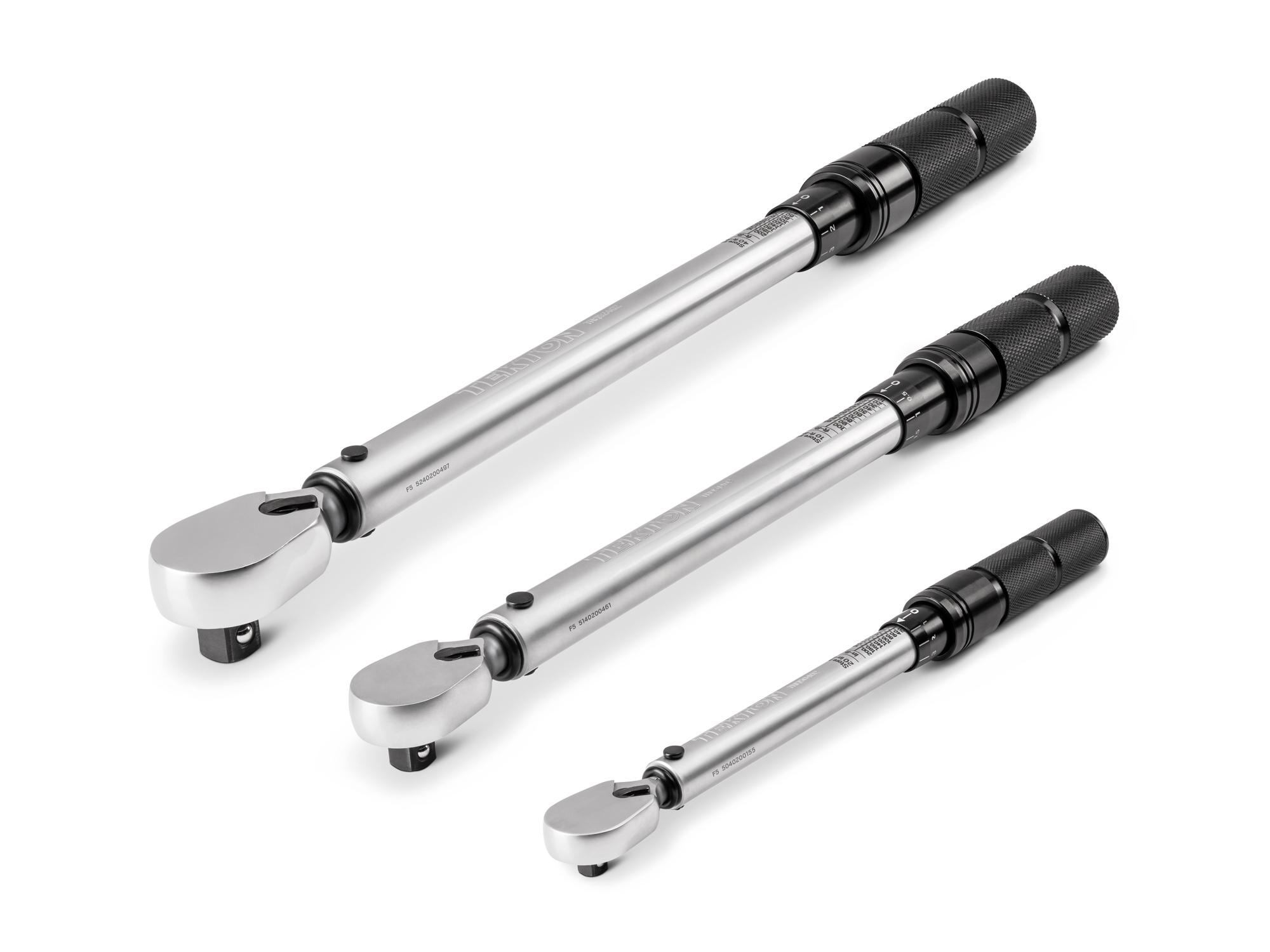 1/4, 3/8, 1/2 Inch Drive 90-Tooth Dual-Direction Micrometer Torque Wrench Set (3-Piece)