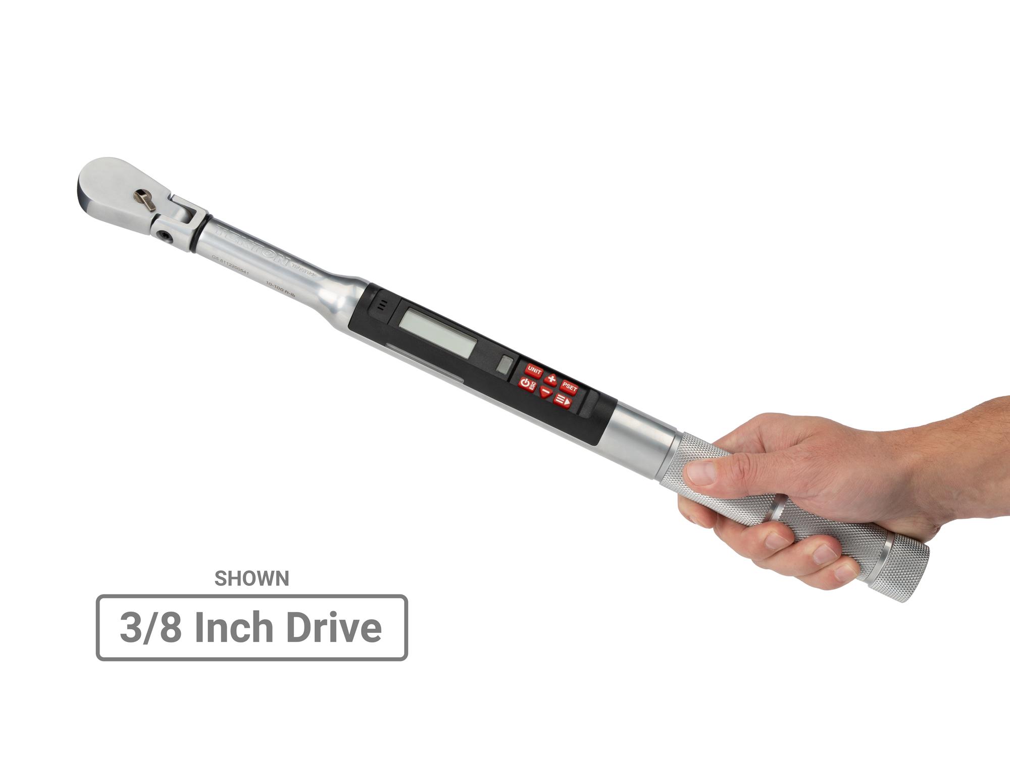 Person holding Tekton case electronic torque wrench set. Item #TRQ98901