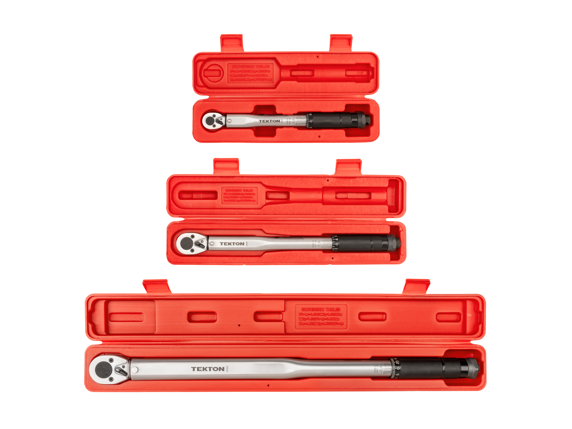 Includes: 3 torque wrenches covering the torque ranges 20-200 in-lb, 10-80 ft-lb, and 25-250 ft-lb. Each comes in an individual storage case. TRQ99901.