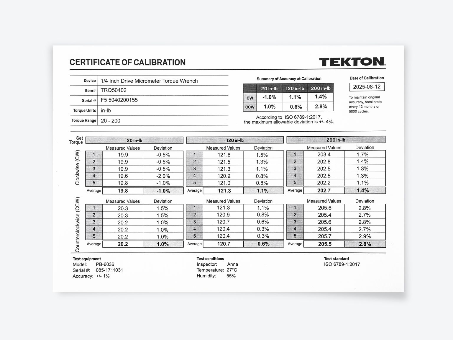 TEKTON 1/4 Inch Drive Dual-Direction Micrometer Torque Wrench (20 - 200 in-lb)
