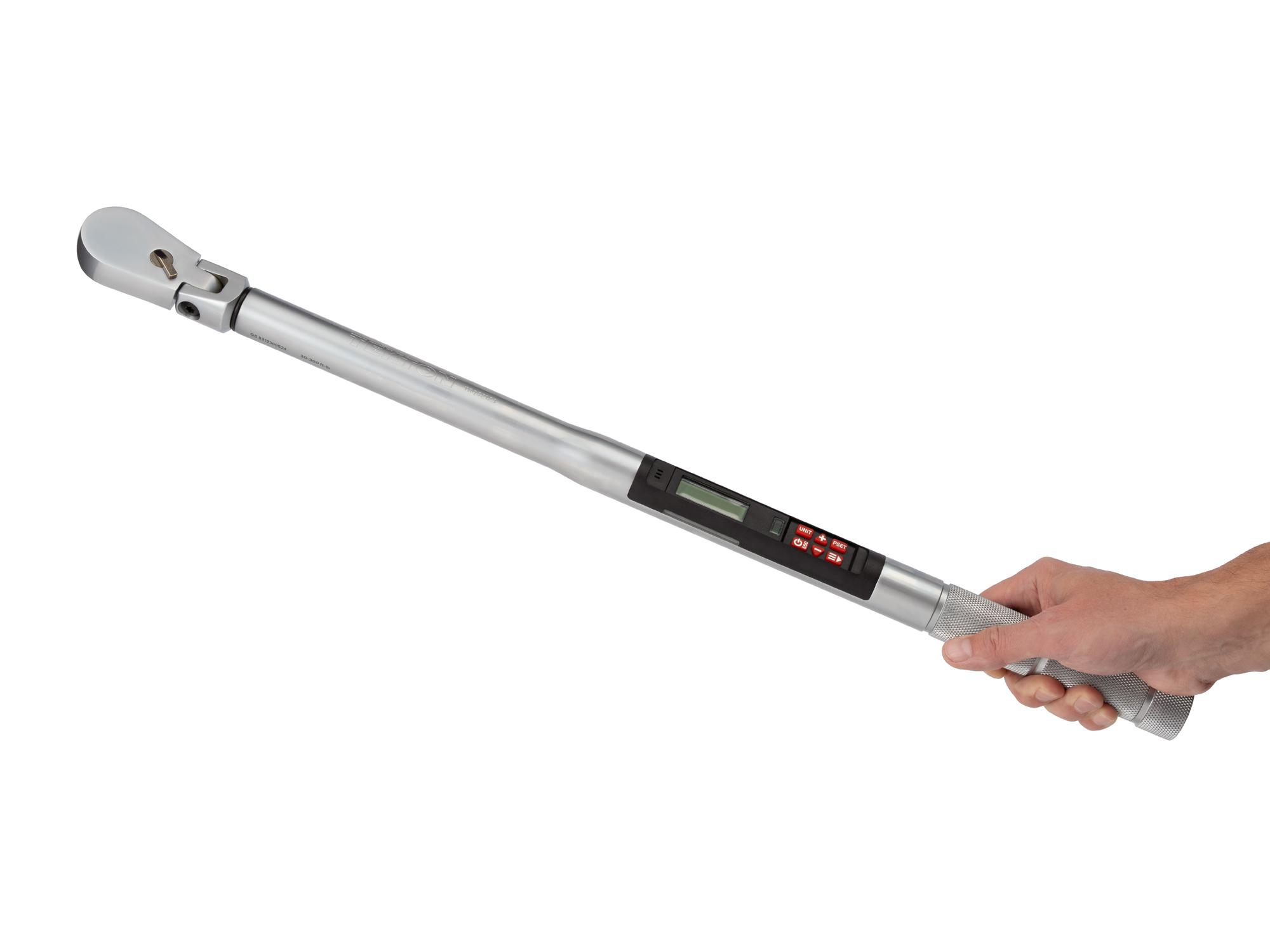 Person holding Tekton case electronic torque wrench. Item #TRQ82123