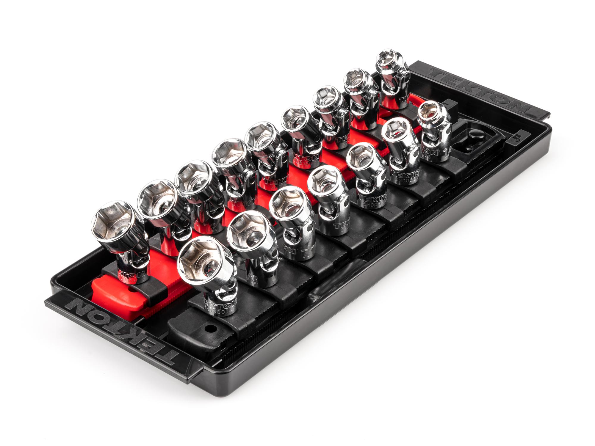 1/4 Inch Drive Shallow 6-Point Universal Joint Socket Set with Rails and Tray (16-Piece)
